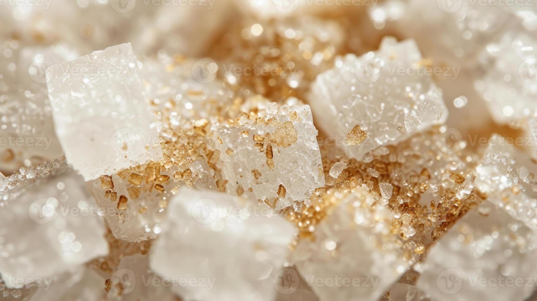 A close up of white sugar crystals with a few golden specks of impurities adding contrast photo