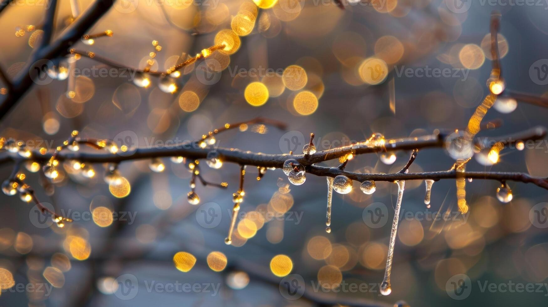 A closeup of a tree branch covered in thin layers of frozen dew each drop catching the light and sparkling like diamonds photo