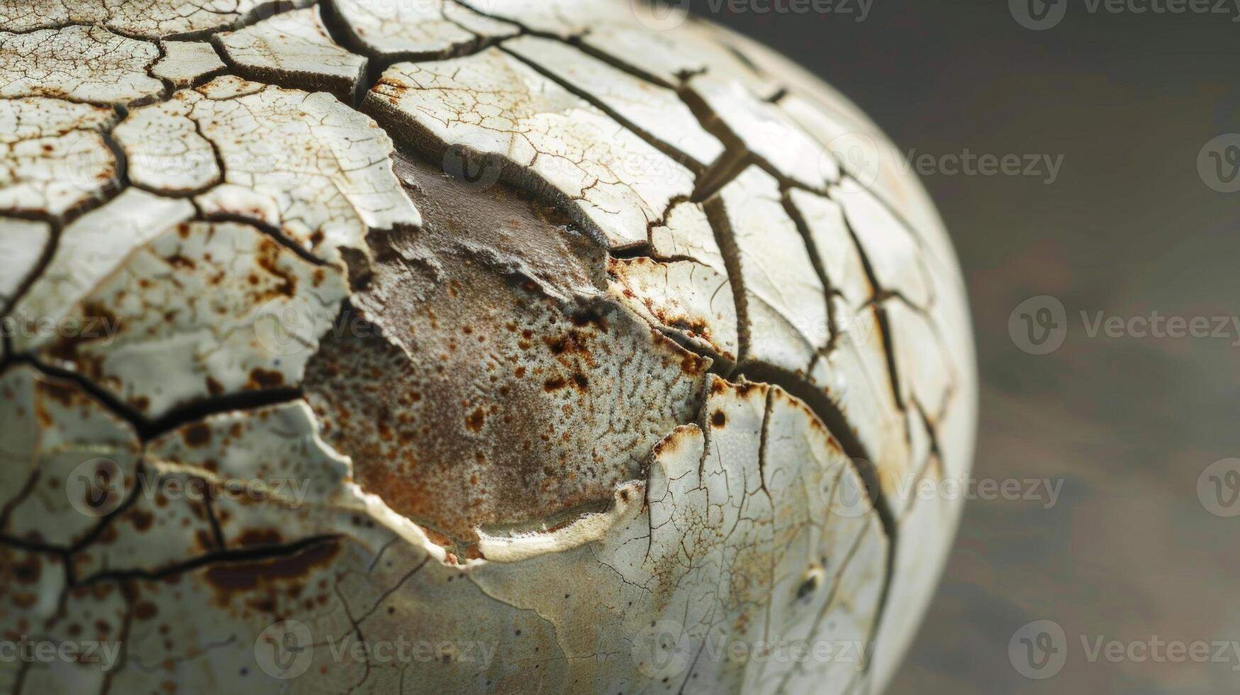 A closeup of a large fissure running down the side of a ceramic vase highlighting the intricate patterns and lines formed by the fracture photo