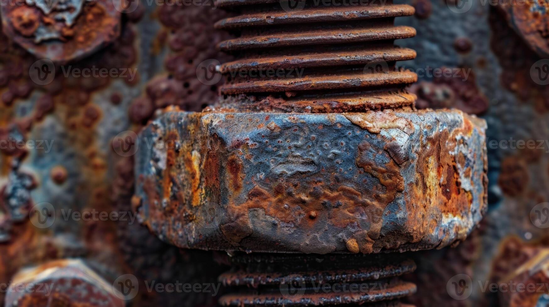 A zoomedin look at a rusty nut and bolt showcasing the intricate details of rusted ridges and bumps on the onceshiny metal photo