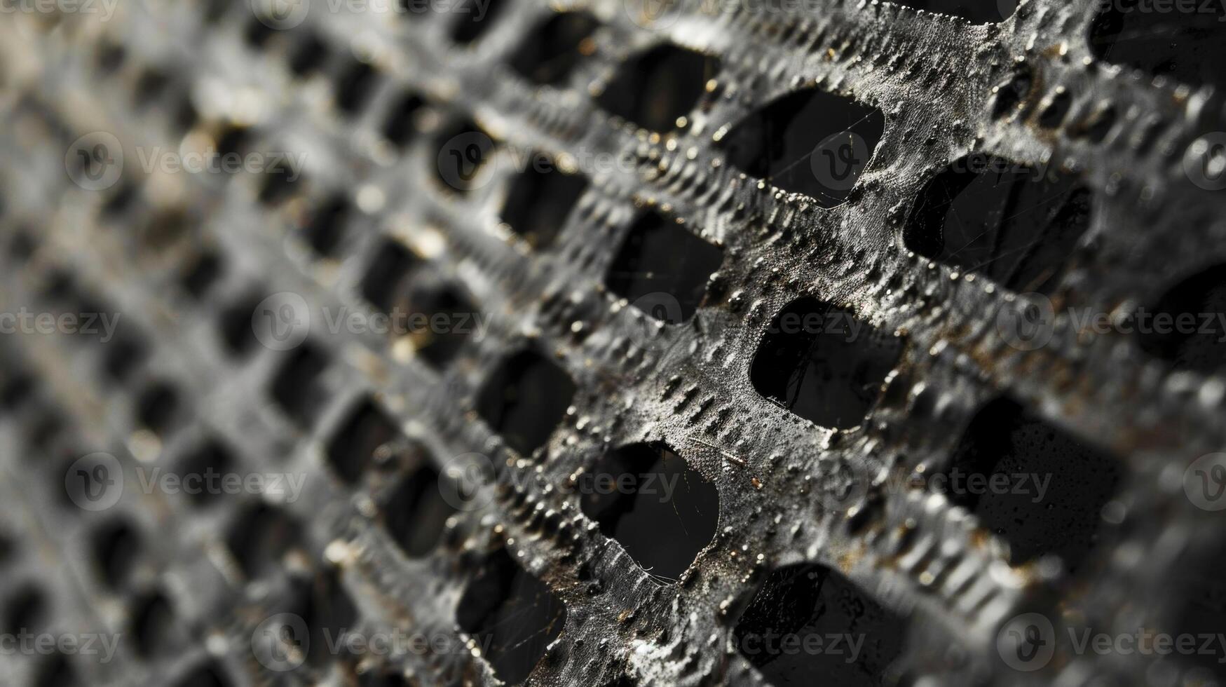 A series of tiny holes bordered by a sy framework of woven steel wires photo