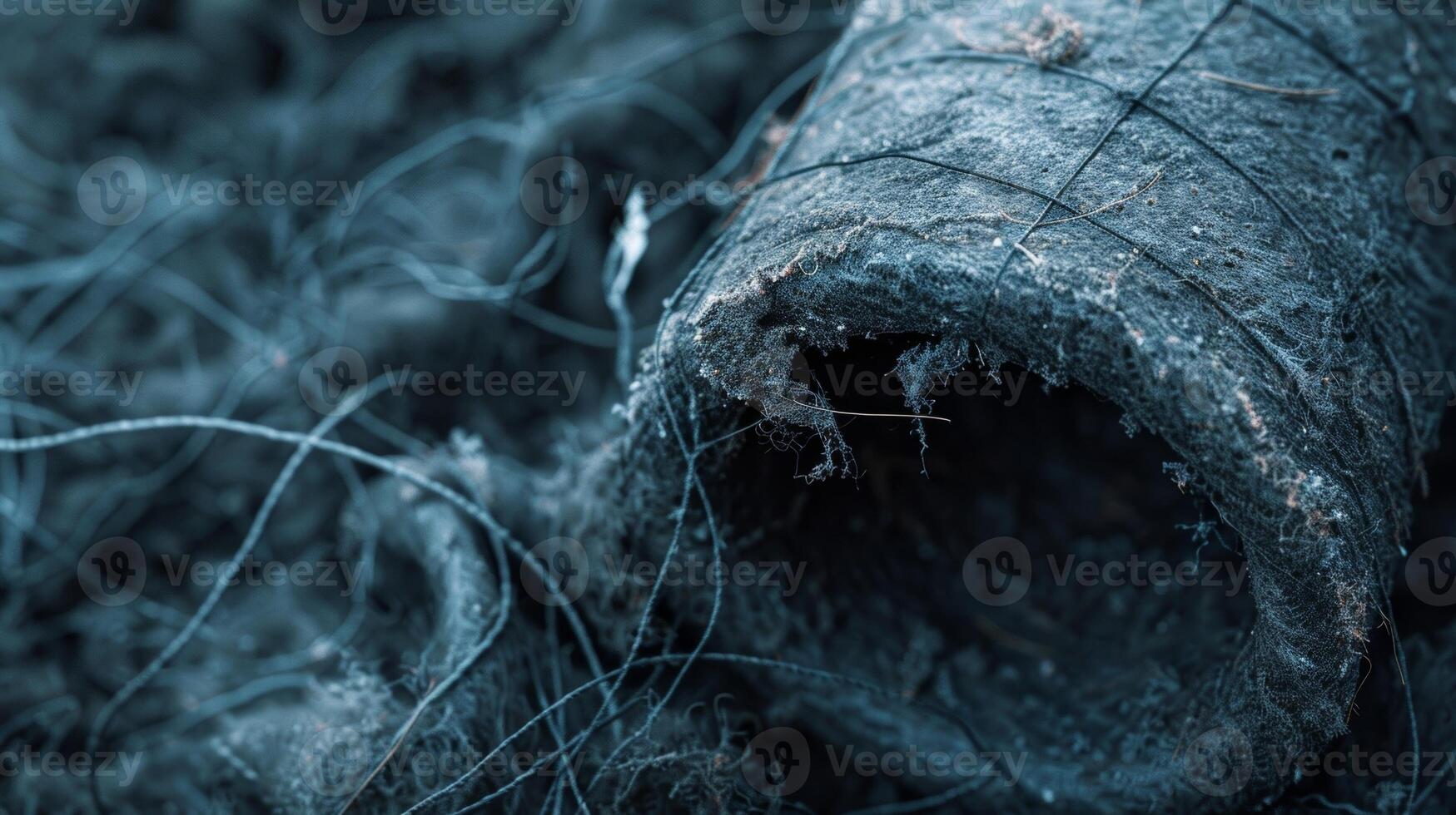 A detailed view of a dark gray material hugging a large pipe with thin strands of insulation trailing off the edges photo