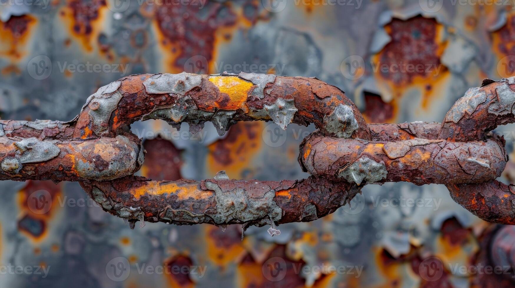A closeup of rustcolored flakes and chips peeling off a chain link creating a rough and jagged texture photo