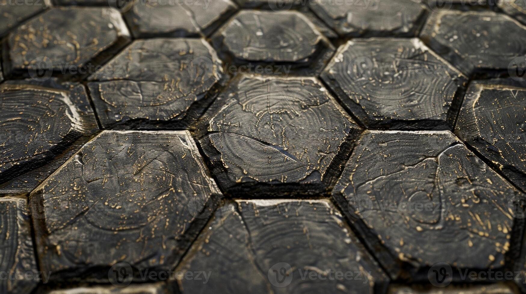 A textured closeup of a patterned industrial flooring made from large hexagonal tiles the surface etched with swirling lines and tered with tiny divots and indentations photo