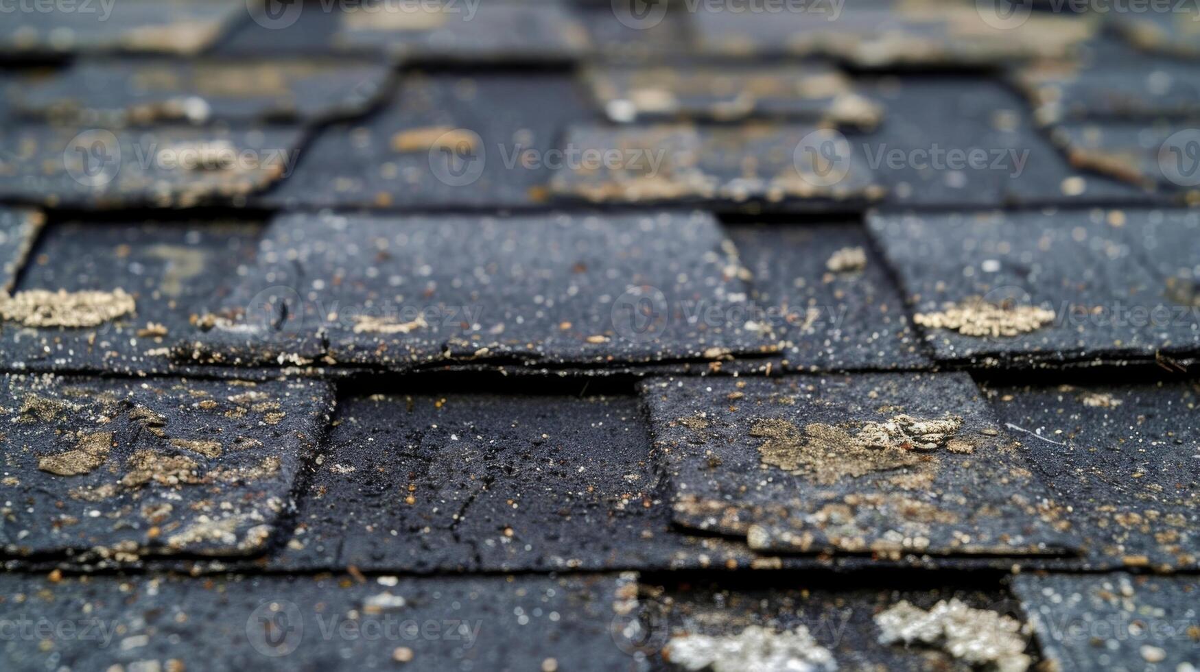 The worn and weathered surface of these asphalt shingles is peppered with small divots and scratches giving it a unique and rough texture photo