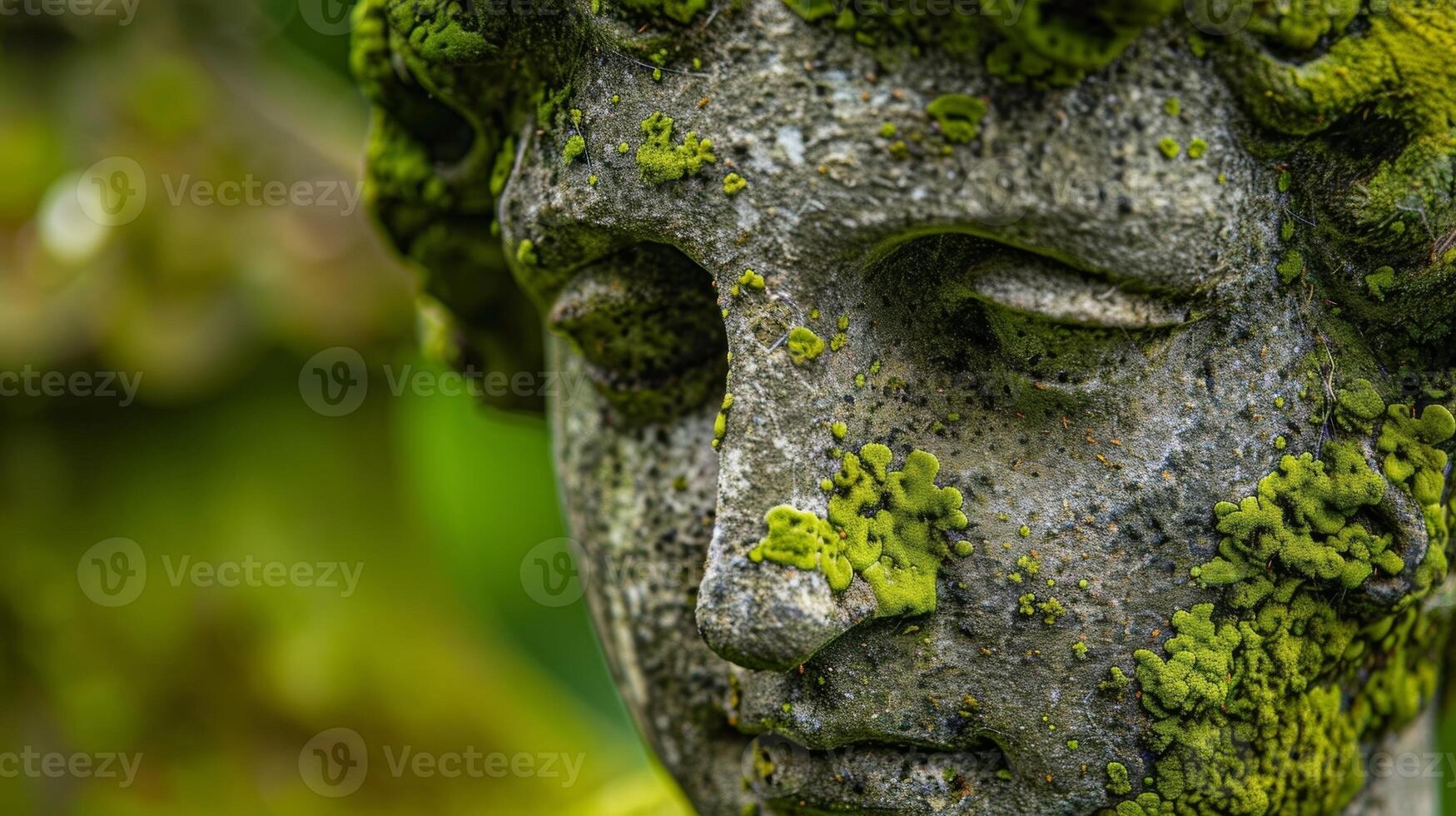 A closeup of a mosscovered statue with fuzzy green tendrils clinging to its features and adding an element of organic texture to the otherwise solid and smooth stone photo