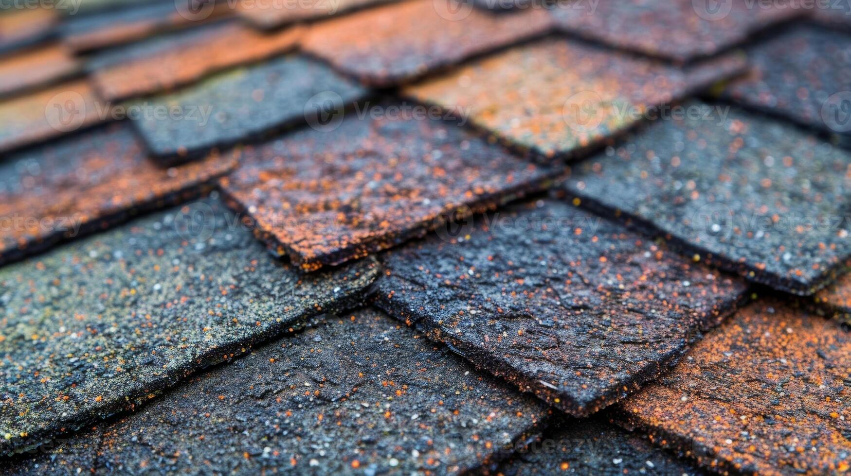 These asphalt shingles have a textured surface with a mix of colors including shades of brown and green showcasing their aged appearance and exposure to changing weather patterns photo