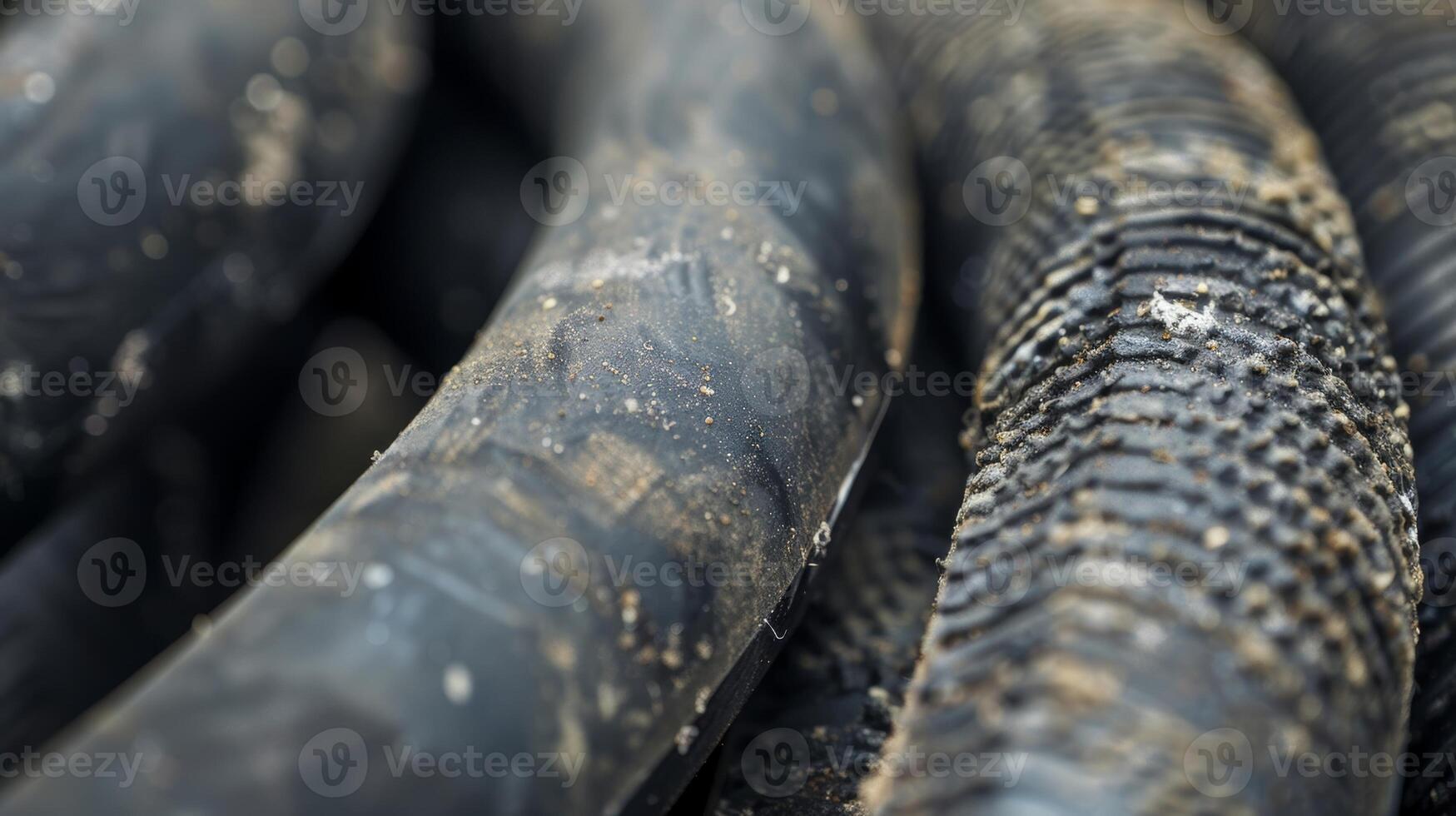 The texture of this aged rubber hose is smooth with a slight tackiness betraying its resistance to oils and other fluids photo