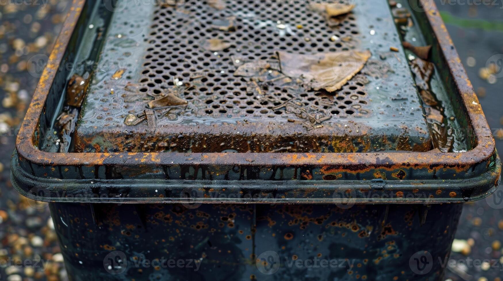 The lid of the bin is covered in a thick layer of grime making it difficult to open and revealing the bins neglect and lack of cleaning photo
