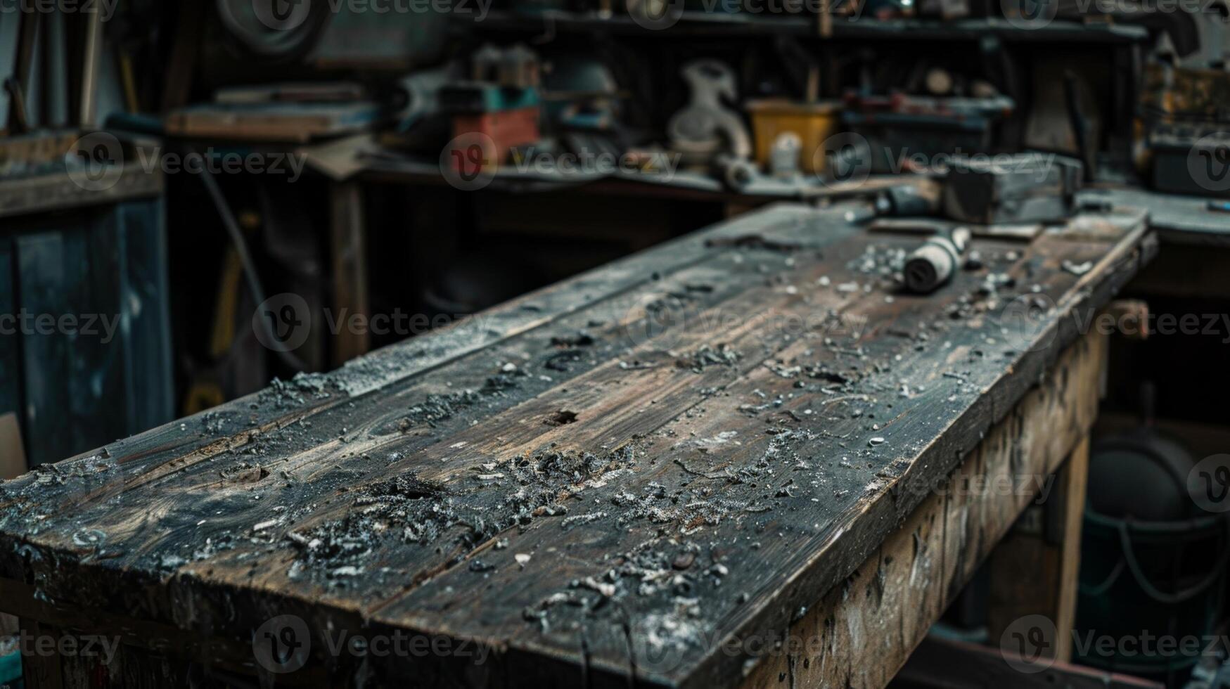The workbench in the fourth image is covered in layers of dust and grime making its wooden surface appear rough and neglected photo