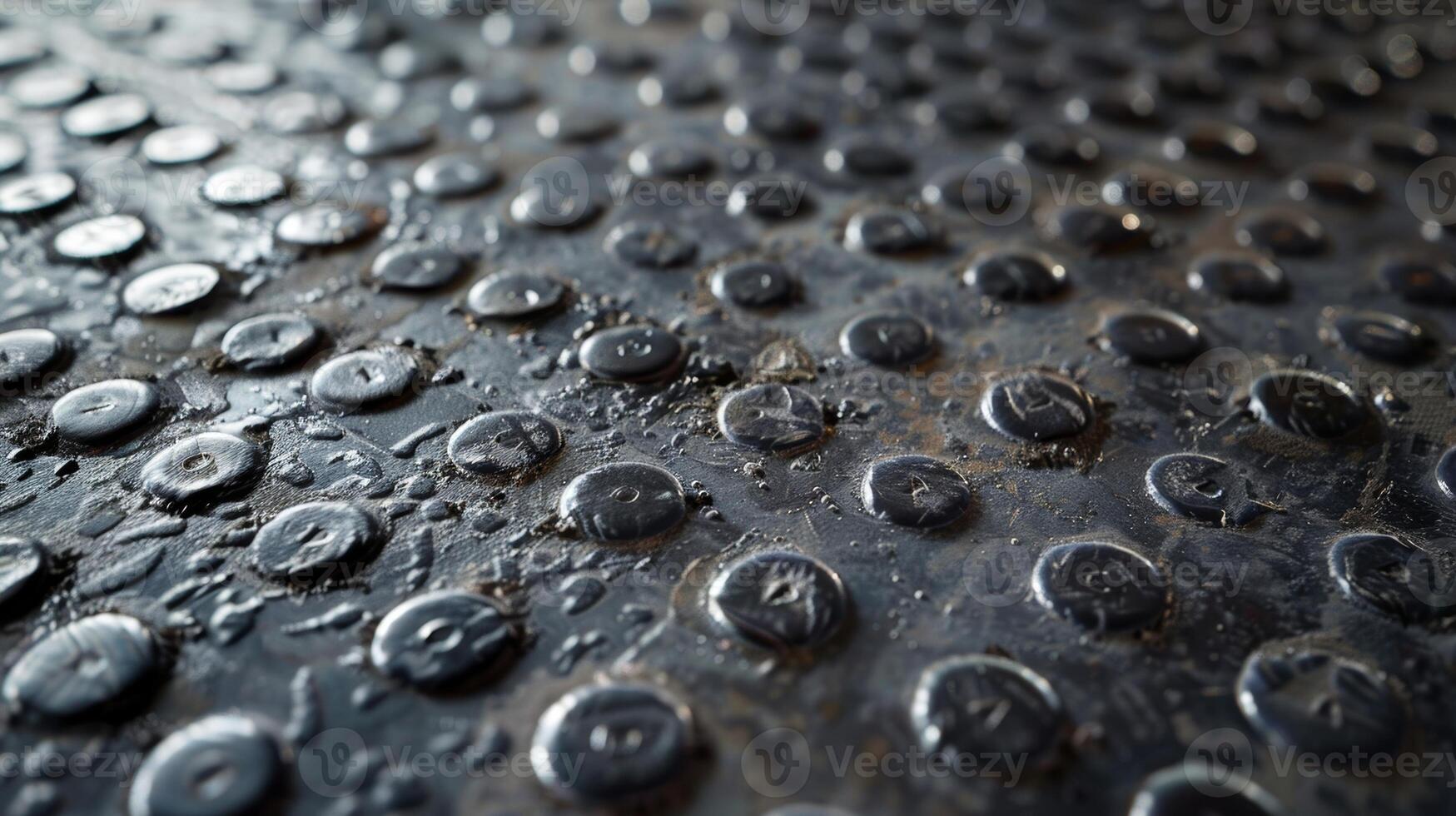 Small intricate dots and circles form a delicate and whimsical pattern against the rough cold texture of the industrial metal flooring photo