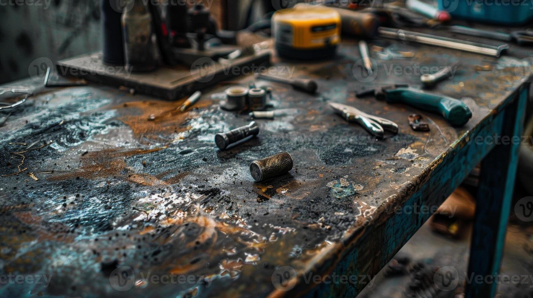 The fifth image showcases a workbench with a gritty and uneven texture with tools tered around and splotches of oil and grease adding to the griminess photo