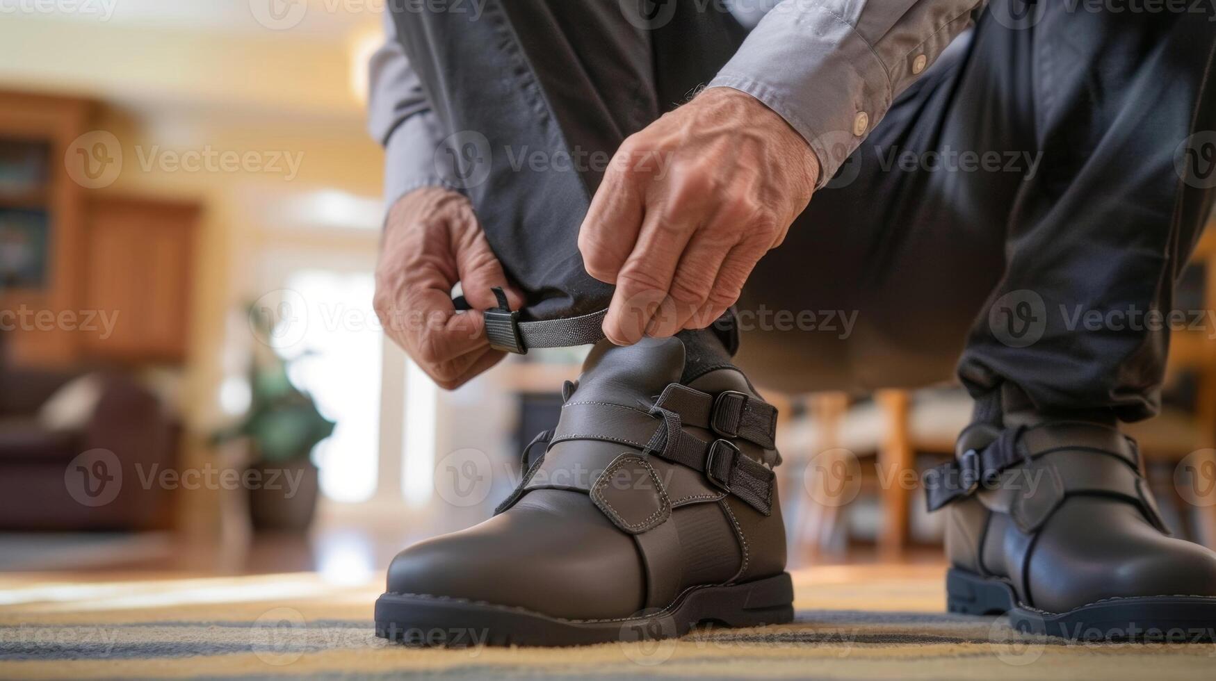 A man with limited hand dexterity wearing adaptive shoes with adjustable closures allowing him to put on and take off his shoes independently photo
