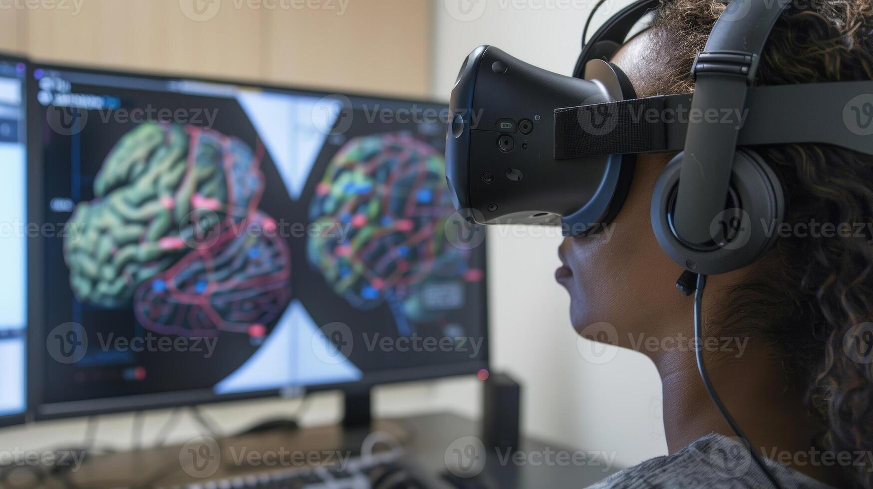 A person wearing a VR headset while engaging in virtual reality brain exercises photo
