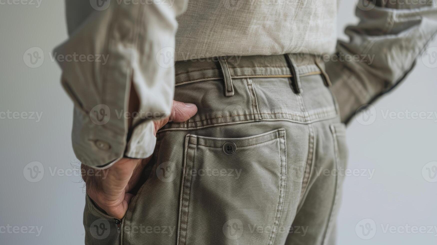 A man with visual impairment wearing pants with tactile markings allowing him to easily differentiate between the front and back photo