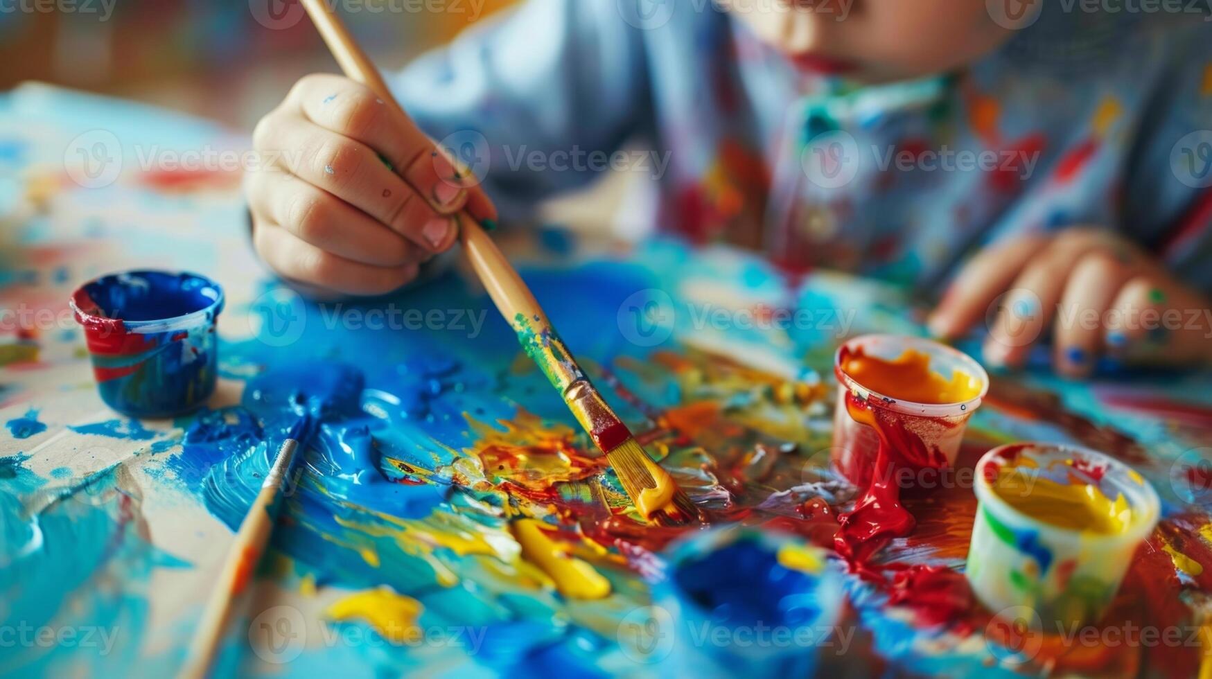 A child painting a picture using creativity and fine motor skills to express themselves photo
