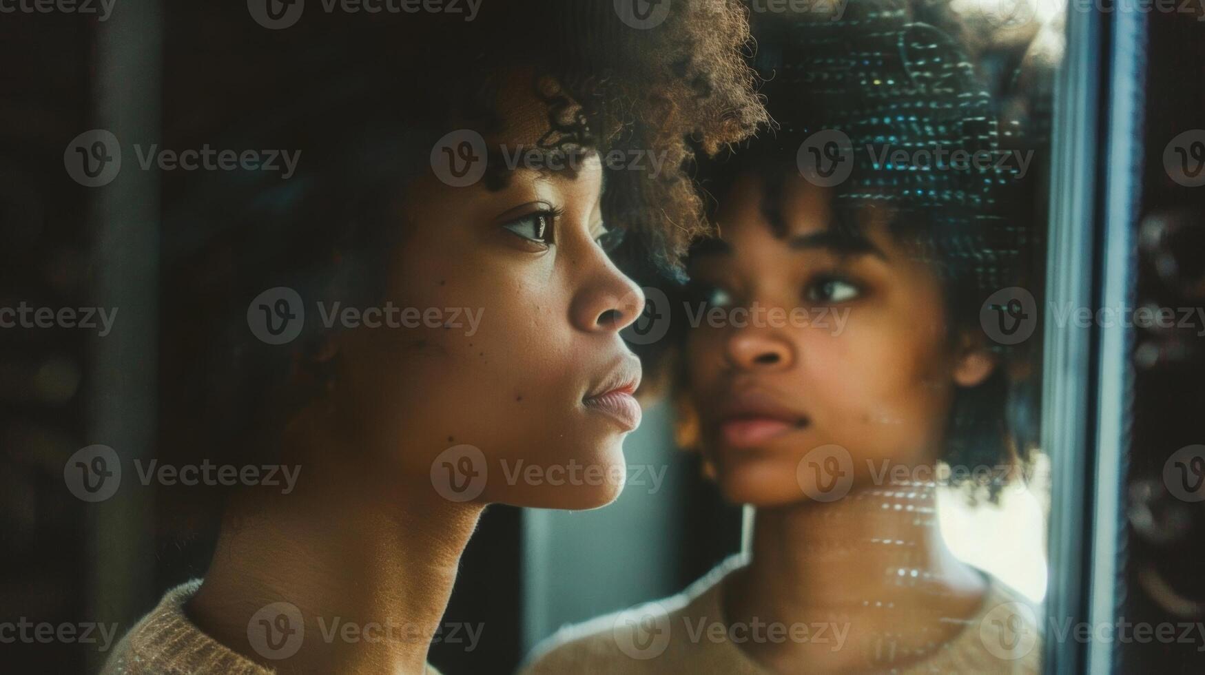 A person looking at themselves in the mirror and repeating positive affirmations for selfacceptance and confidence photo