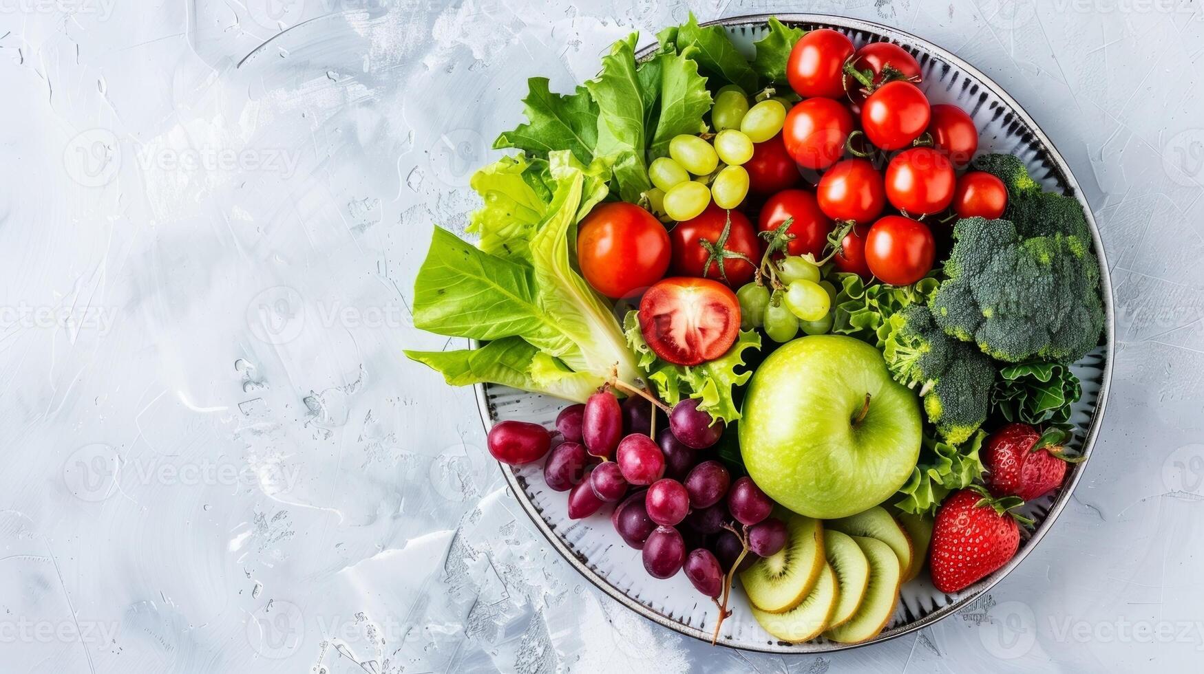Fresh fruits and vegetables on a plate representing the importance of a balanced diet for brain health photo