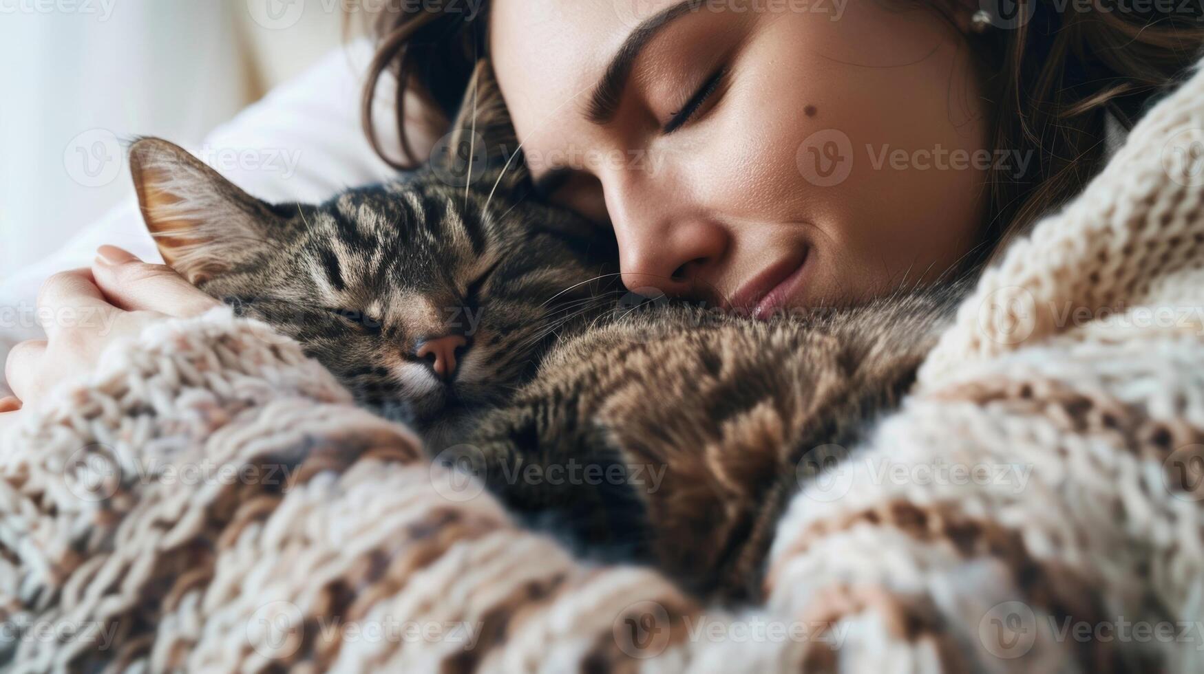 A person cuddled up with a furry pet enjoying the softness of their fur and the sound of their purring photo