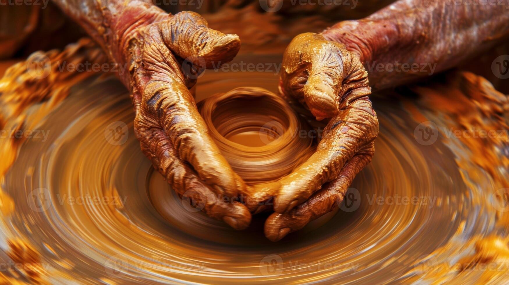 A closeup of a potters hands shaping a smooth piece of clay on a spinning wheel photo