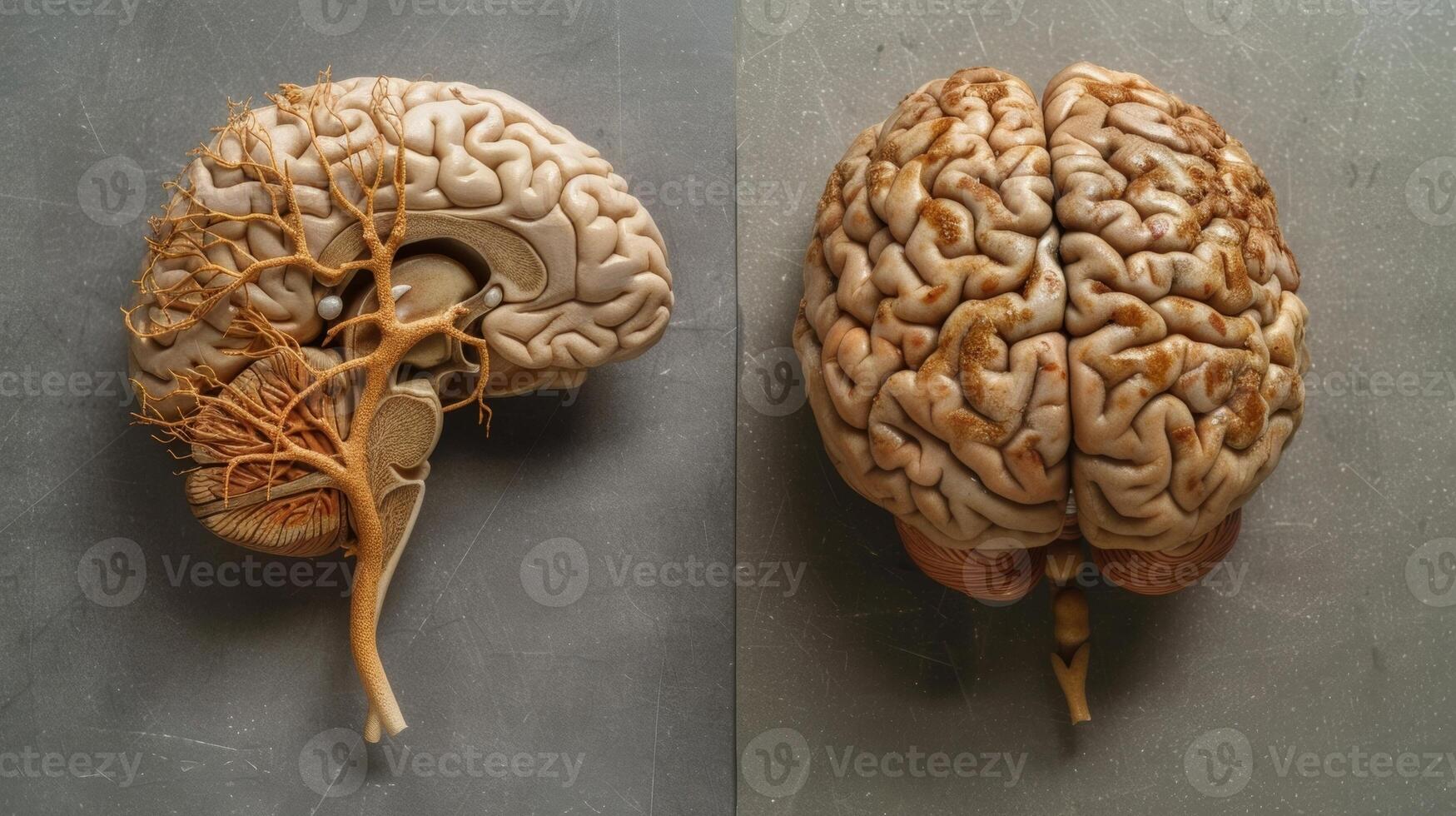 A comparison of a healthy and diseased brain with a stark difference in the number and health of neurons in the latter photo