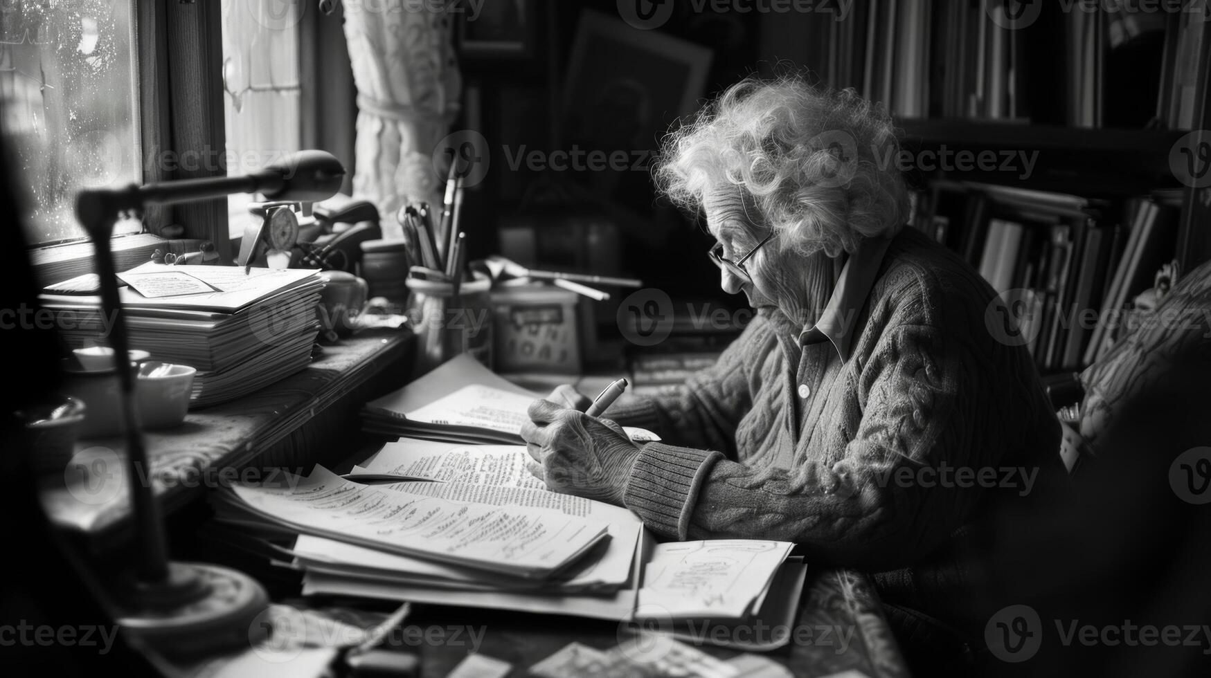 An older person sitting at a desk with papers tered around absorbed in their writing photo