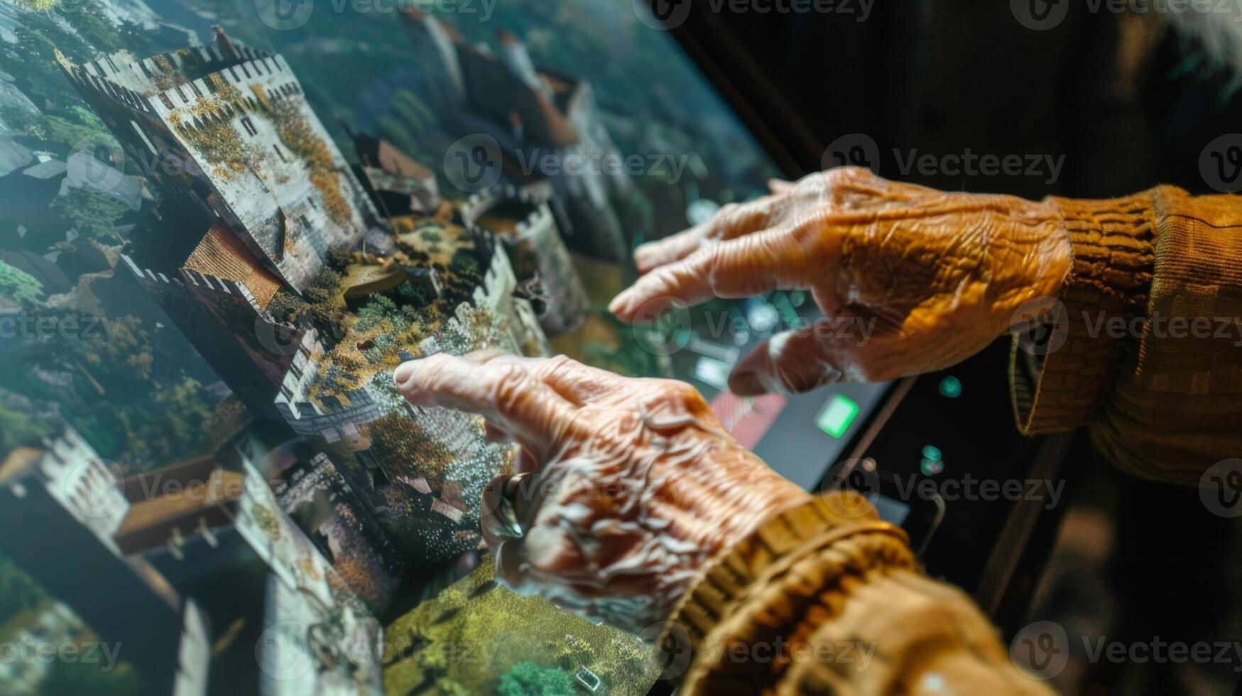 Closeup of an elderly persons hands manipulating a virtual tour device as they admire a digitally recreated medieval castle photo