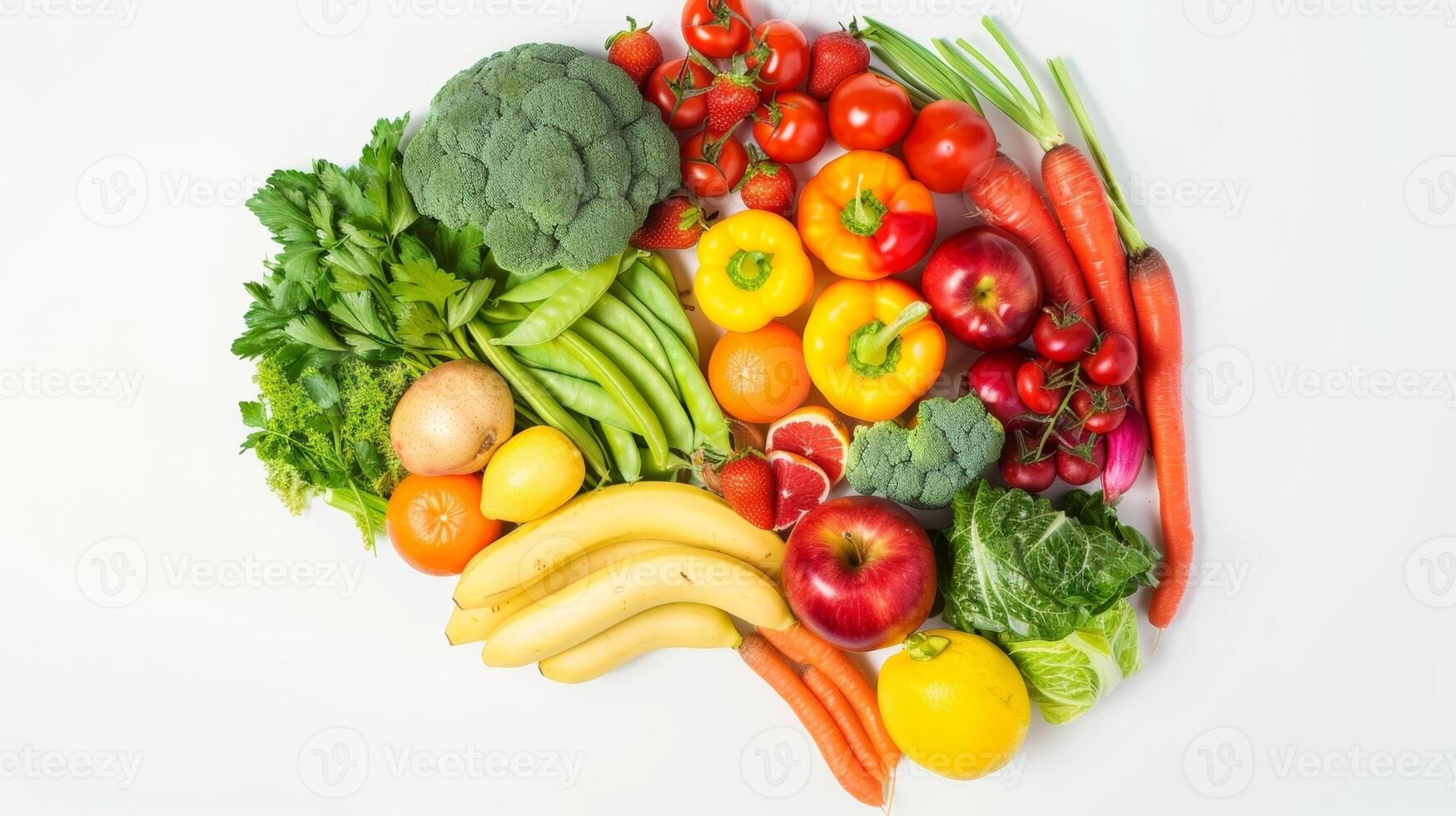 A brainshaped outline filled with a variety of fruits and vegetables illustrating how proper nutrition plays a vital role in maintaining cognitive function photo