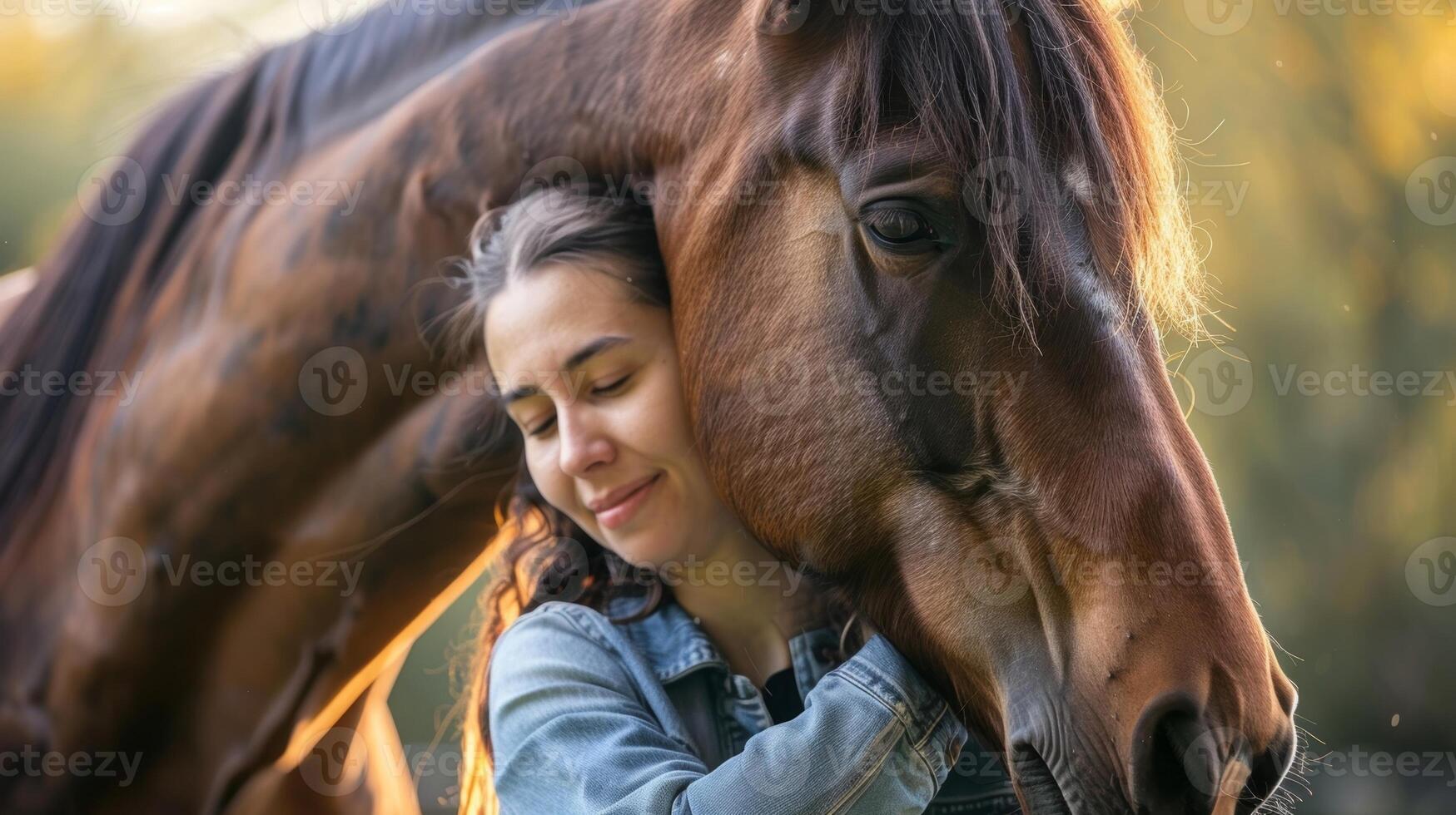 A therapy horse being led by a patient as they hug and bond photo