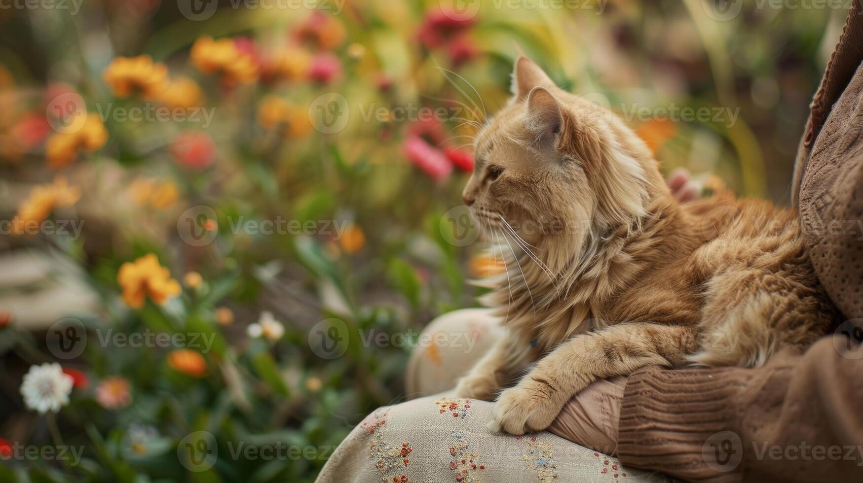 A patient sitting in a garden with a therapy cat purring on their lap photo