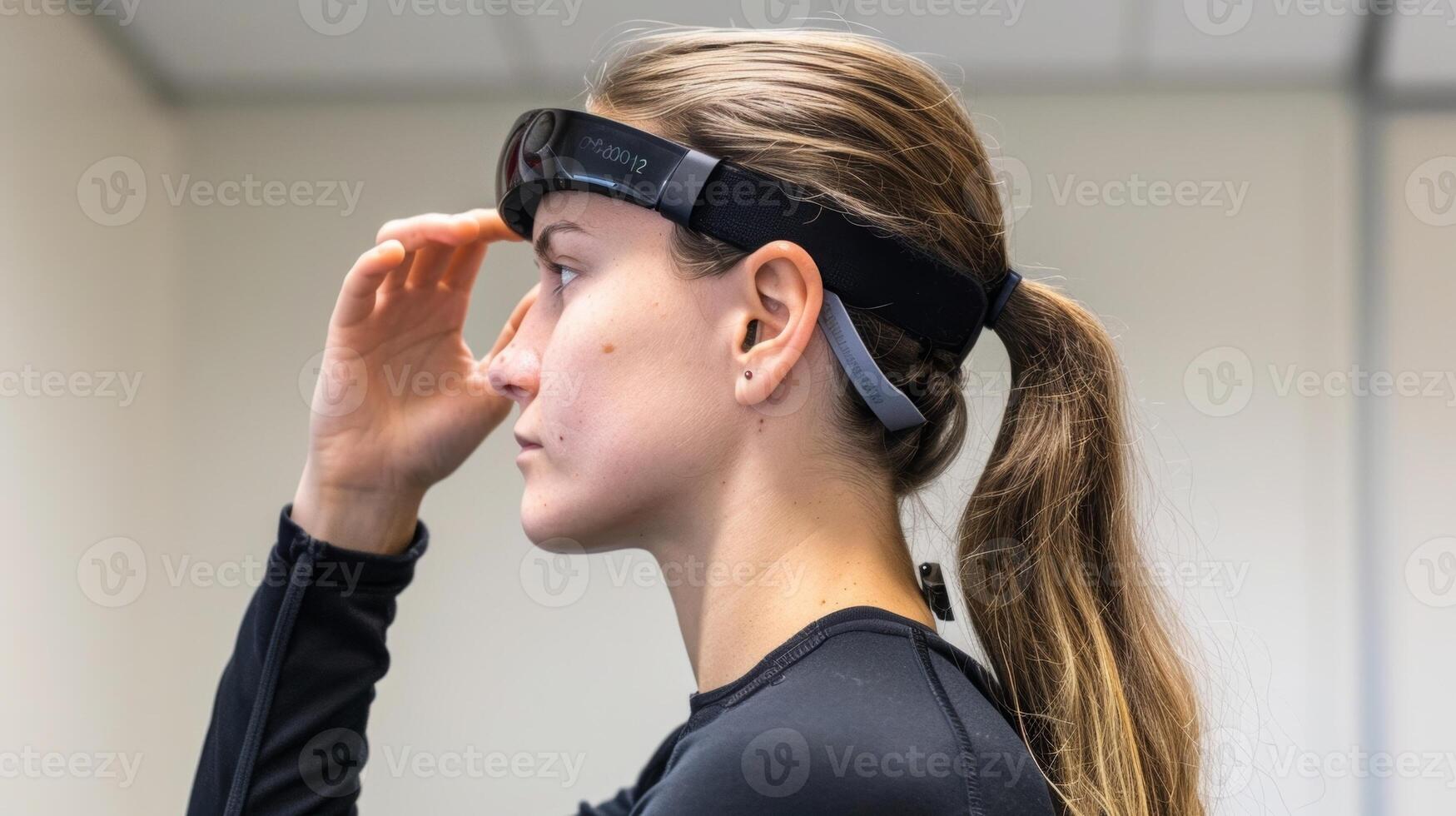 A person using a brainsensing headband to track their cognitive activity while completing various technologybased training exercises photo