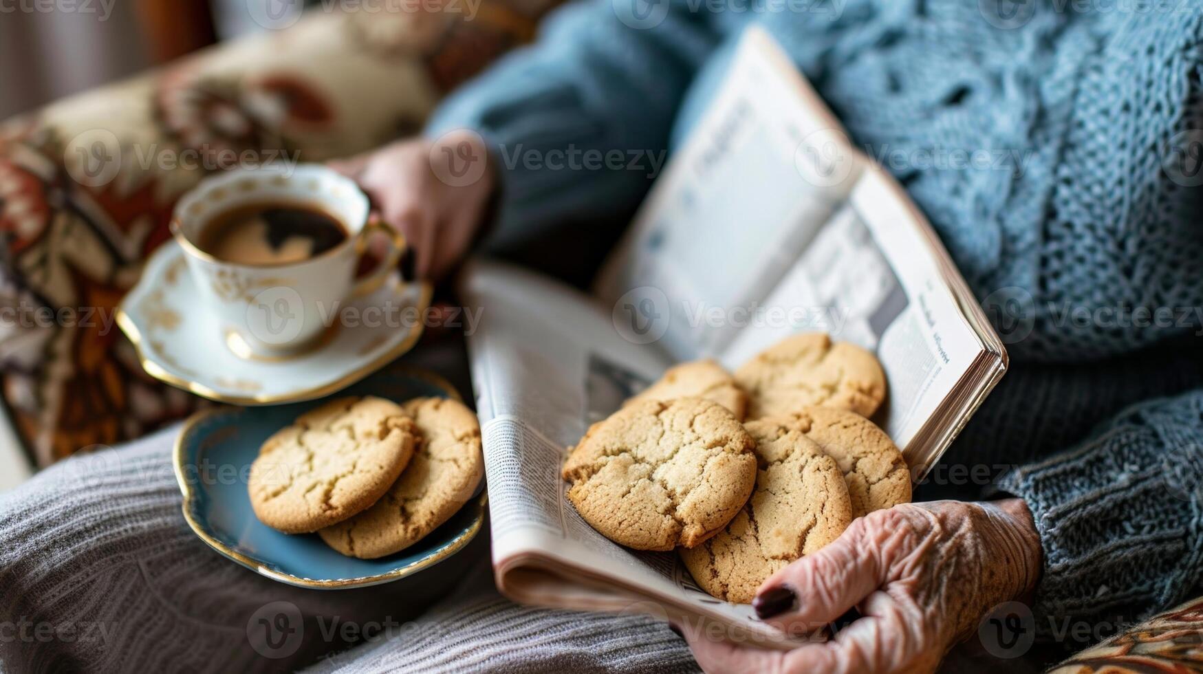 An elderly person reading a newspaper with a cup of coffee and a plate of cookies nearby in their reading nook photo
