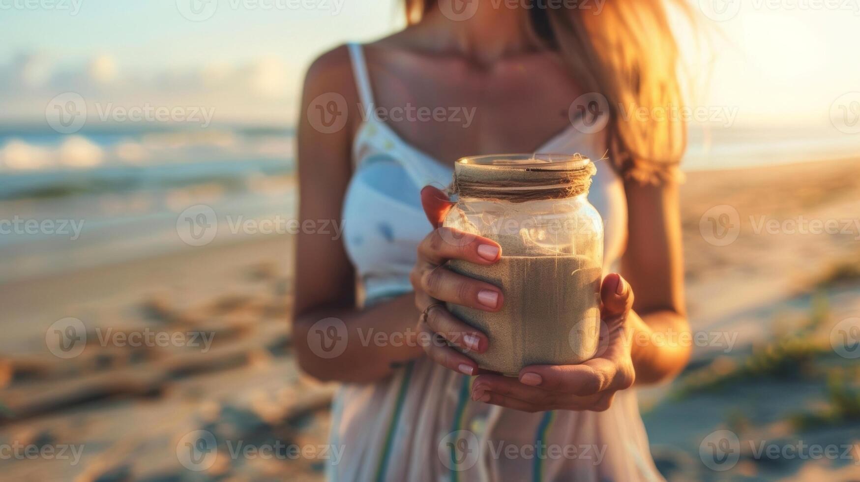 A woman holding a jar of sand symbolizing the concept of mindfulness and living in the present moment photo