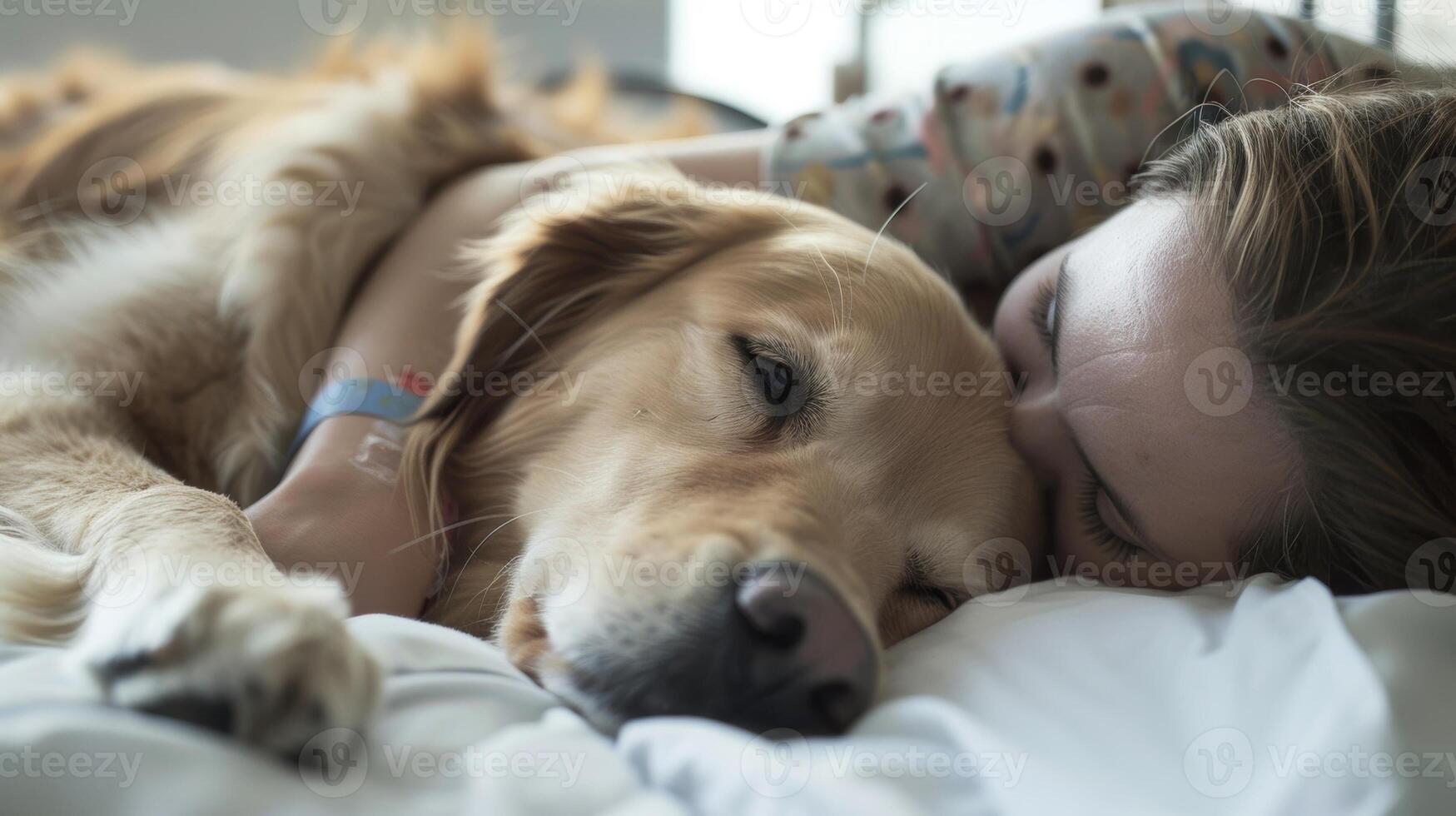 A therapy dog snuggles with a patient undergoing chemotherapy triggering memories of happier and healthier times before their diagnosis photo