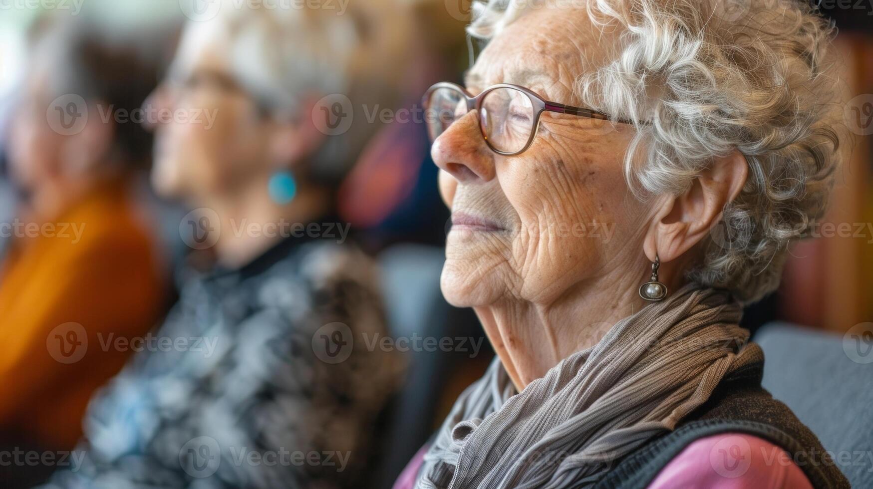 A peaceful and calming atmosphere with soft music playing as seniors participate in gentle exercises and memoryboosting activities at a memory cafe photo