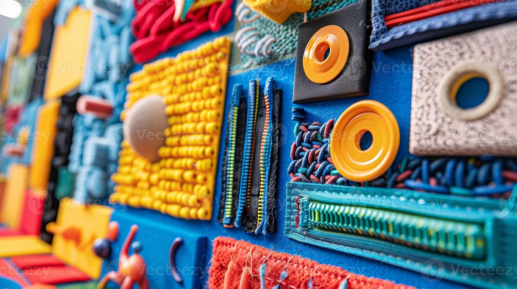 A colorful and interactive sensory board with different objects and textures such as zippers buttons and fabrics designed to stimulate touch and handeye coordination photo