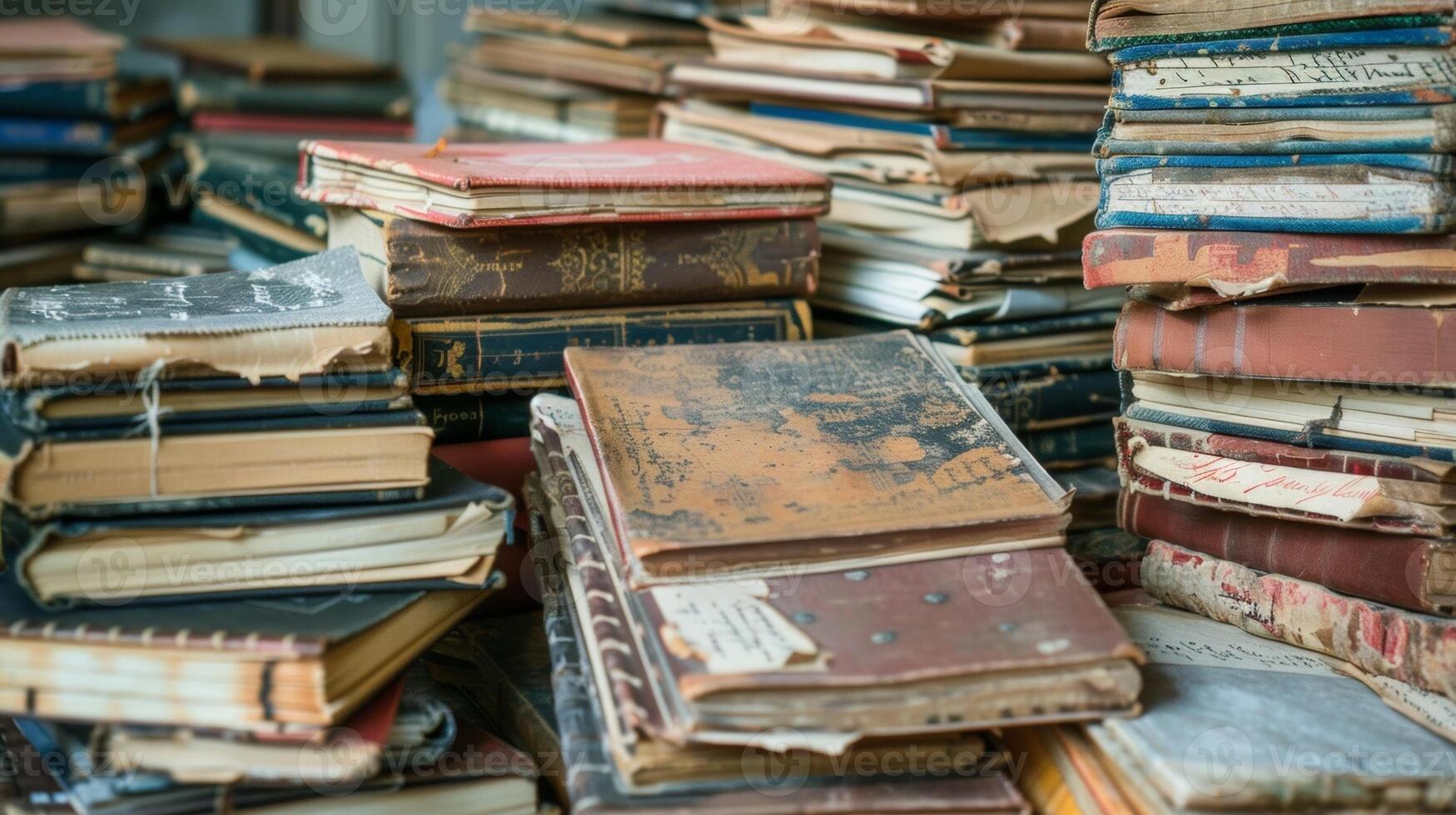 A pile of old journals and diaries used as resources for a life story interview photo