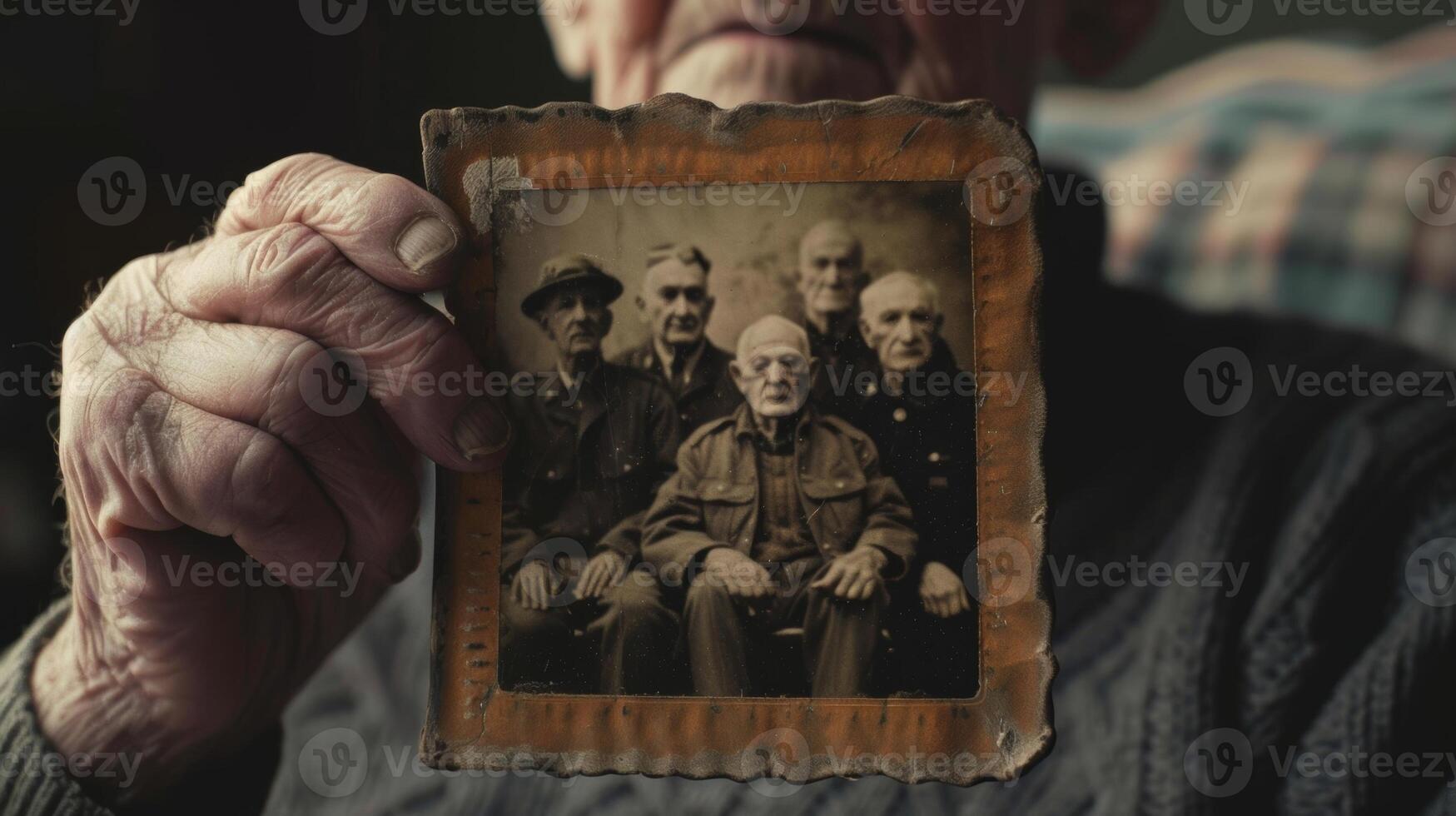 A weathered photo of a group of war veterans as an elderly man gazes at it with a sense of pride and nostalgia