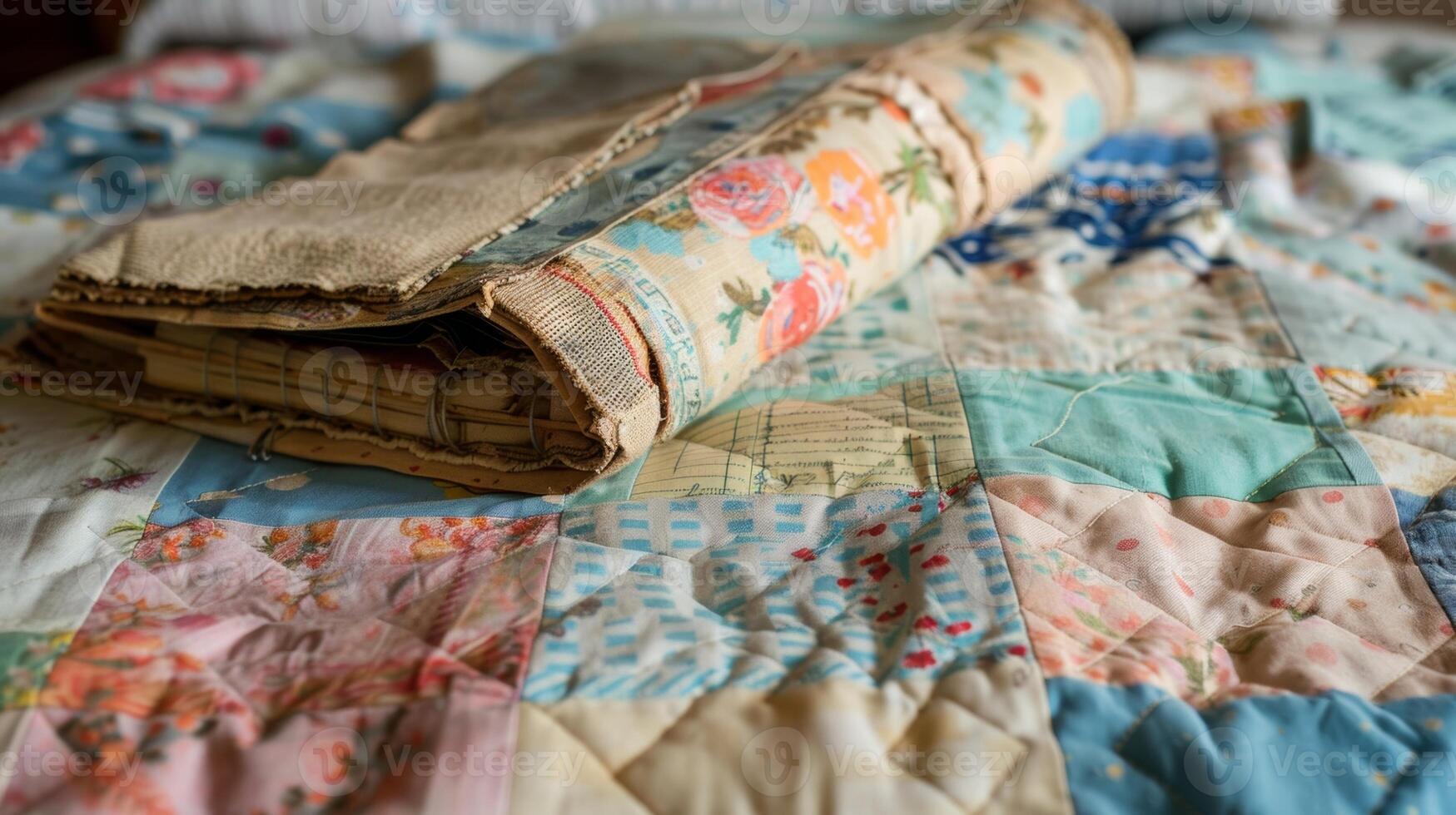 A patchwork quilt made from old clothes and fabrics a binder of handwritten recipes and a family heirloom showcasing the variety of personal artifacts that can be kept in a reminiscenc photo