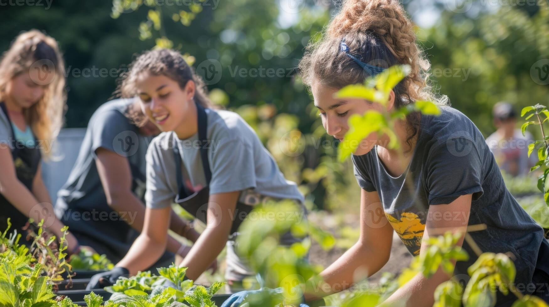 A group of teenagers working in a community garden gaining skills and responsibility while also giving back to their community photo