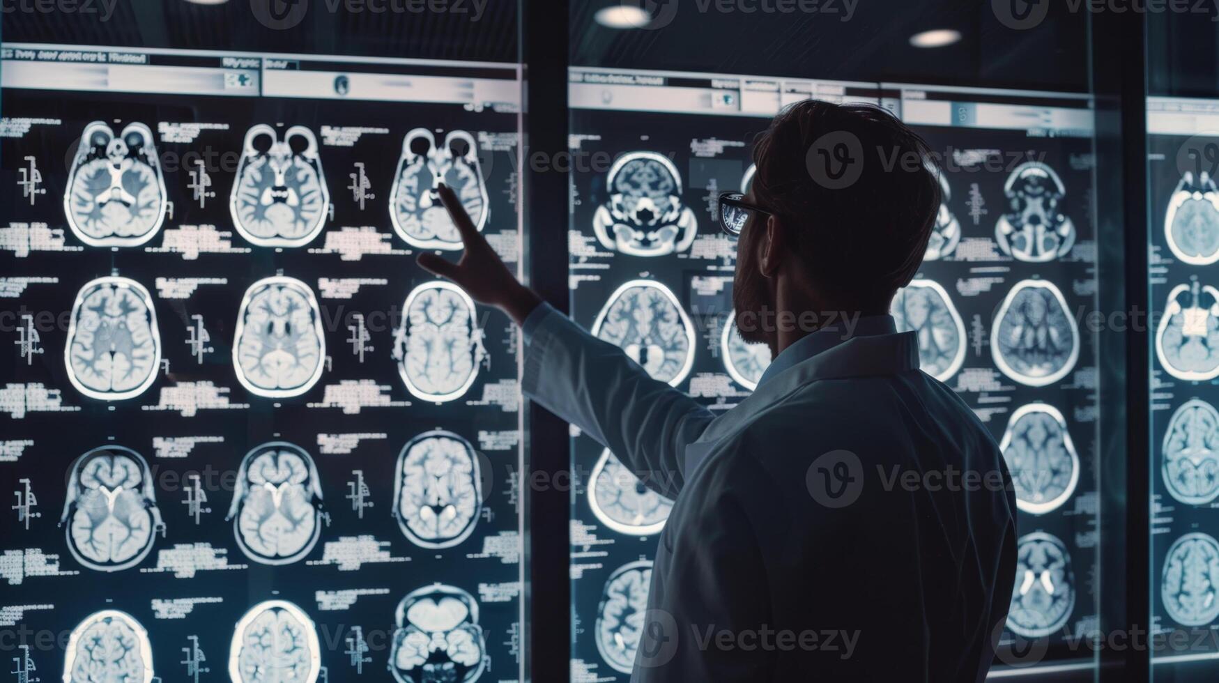 A doctor gesturing towards a series of brain scan images displayed on a lightbox in a consultation room photo