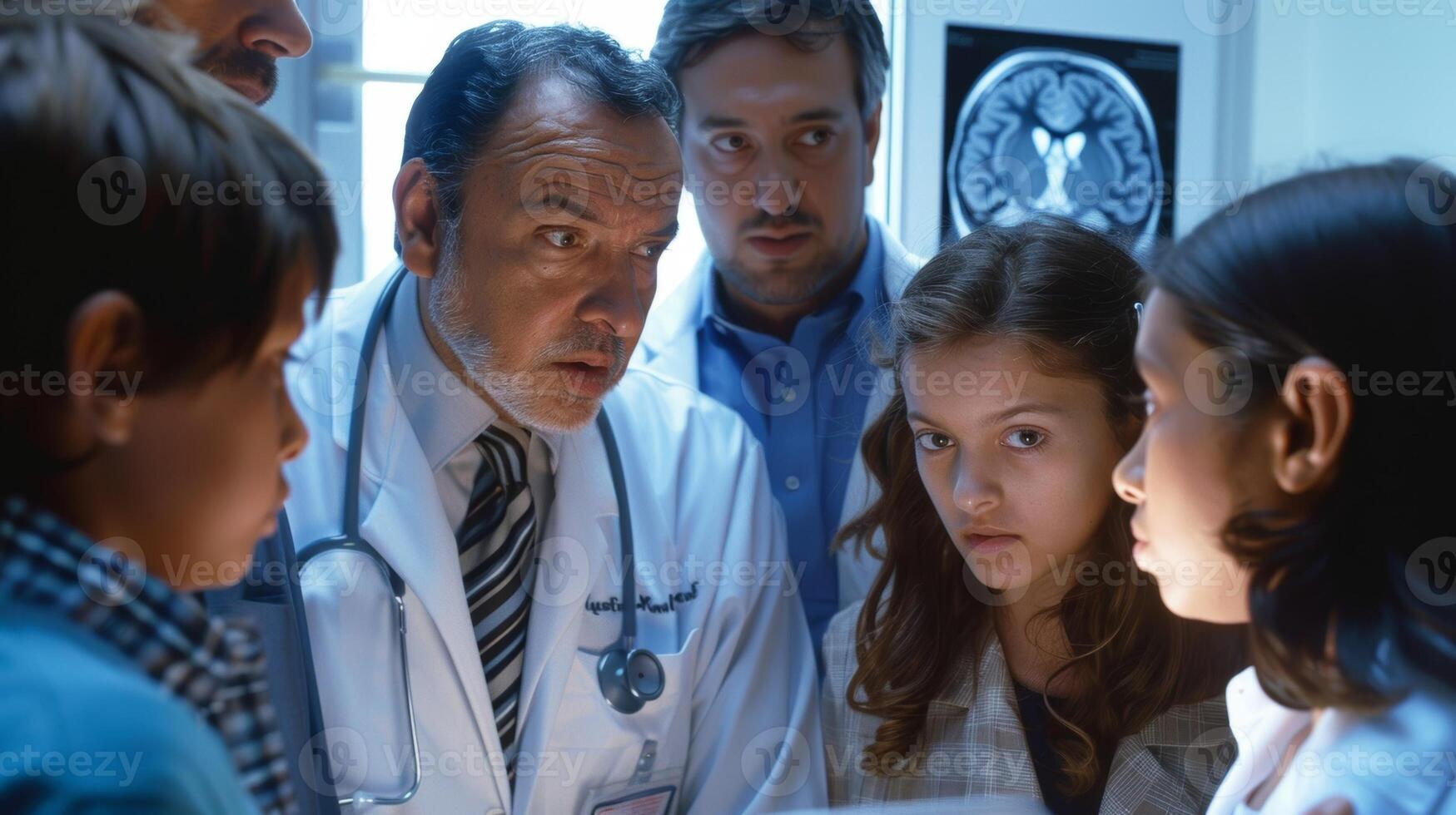 A group of family members huddled around listening intently as a doctor explains their loved ones brain scan findings photo