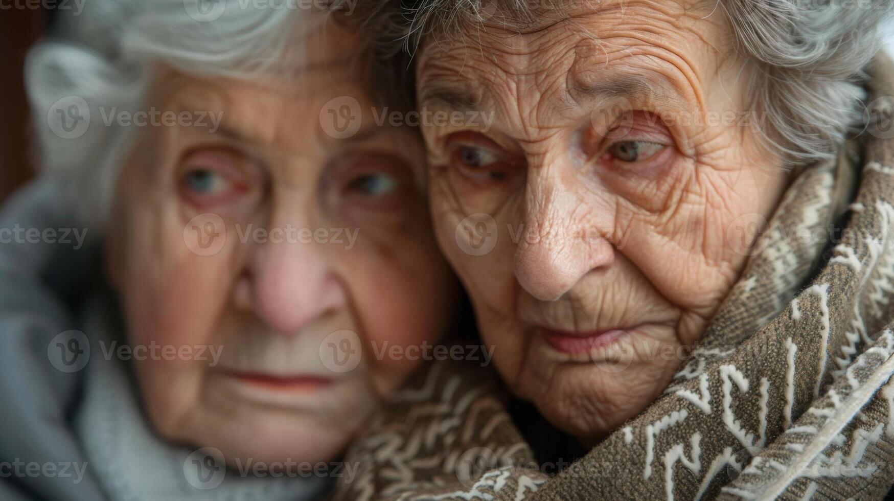 A closeup of an elderly woman with a worried expression while her partner comforts her photo