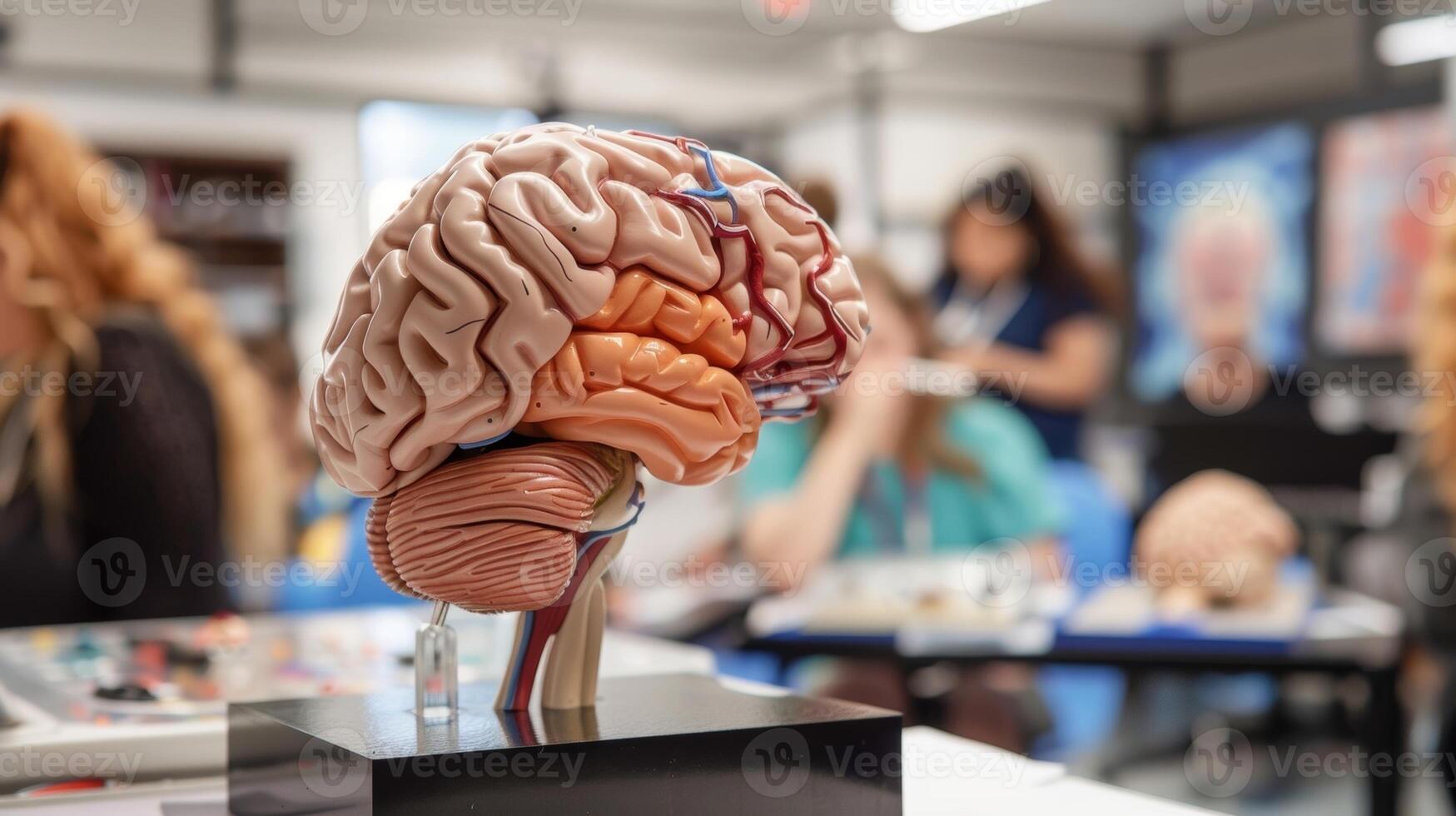 Anatomical brain model being used in a classroom setting to educate students about the different lobes of the brain and their functions photo