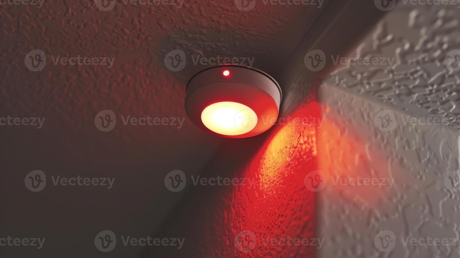 A smoke detector with a bright red light flashing signaling a potential fire hazard 46729750