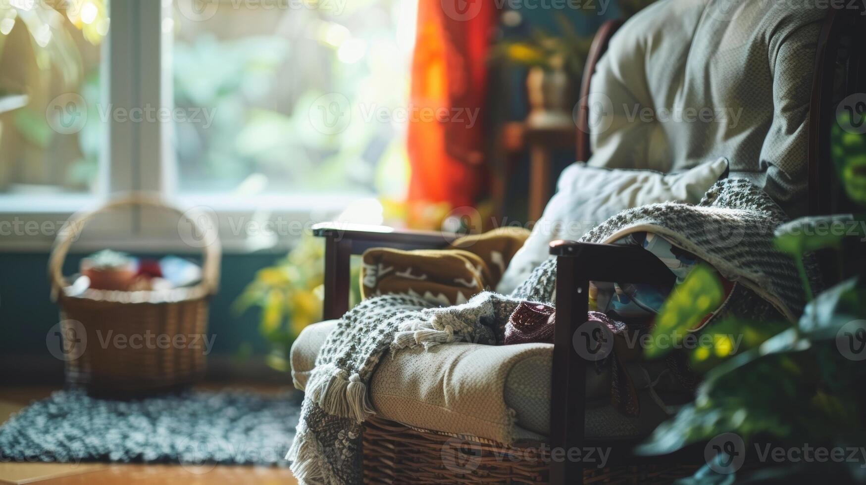 A comfortable recliner chair and a basket filled with hobbies and activities to provide a sense of purpose and enjoyment for a person with dementia photo