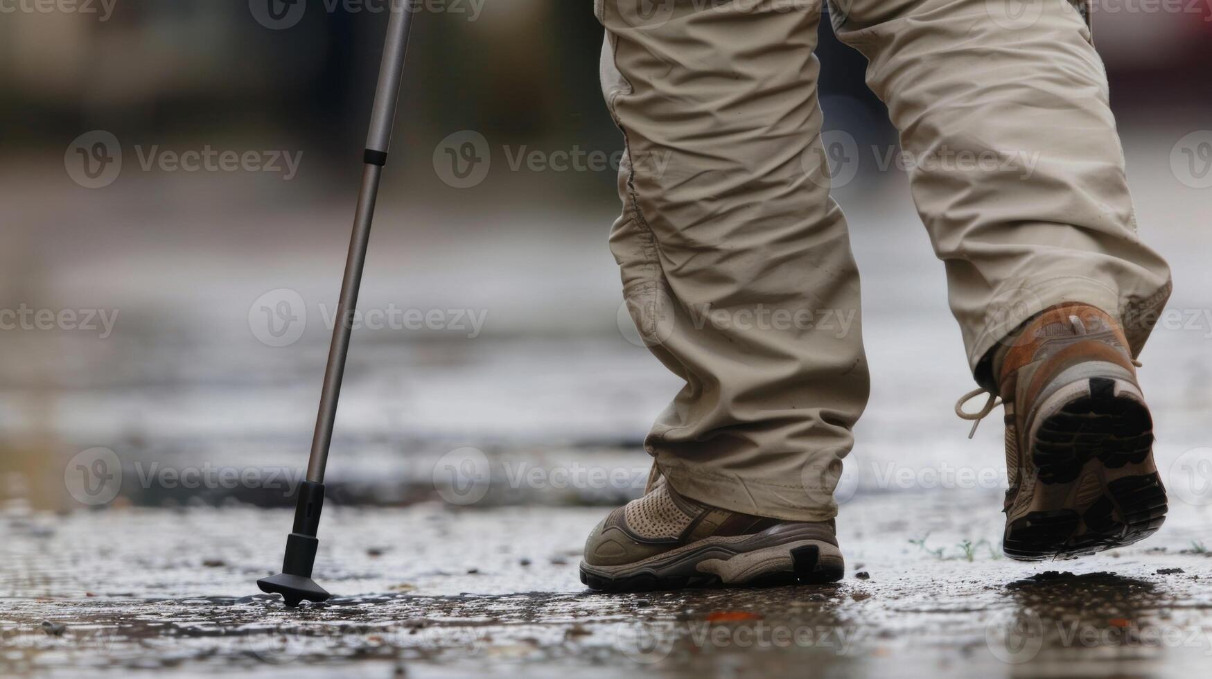 A person with Parkinsons disease using a walking stick for balance and stability photo