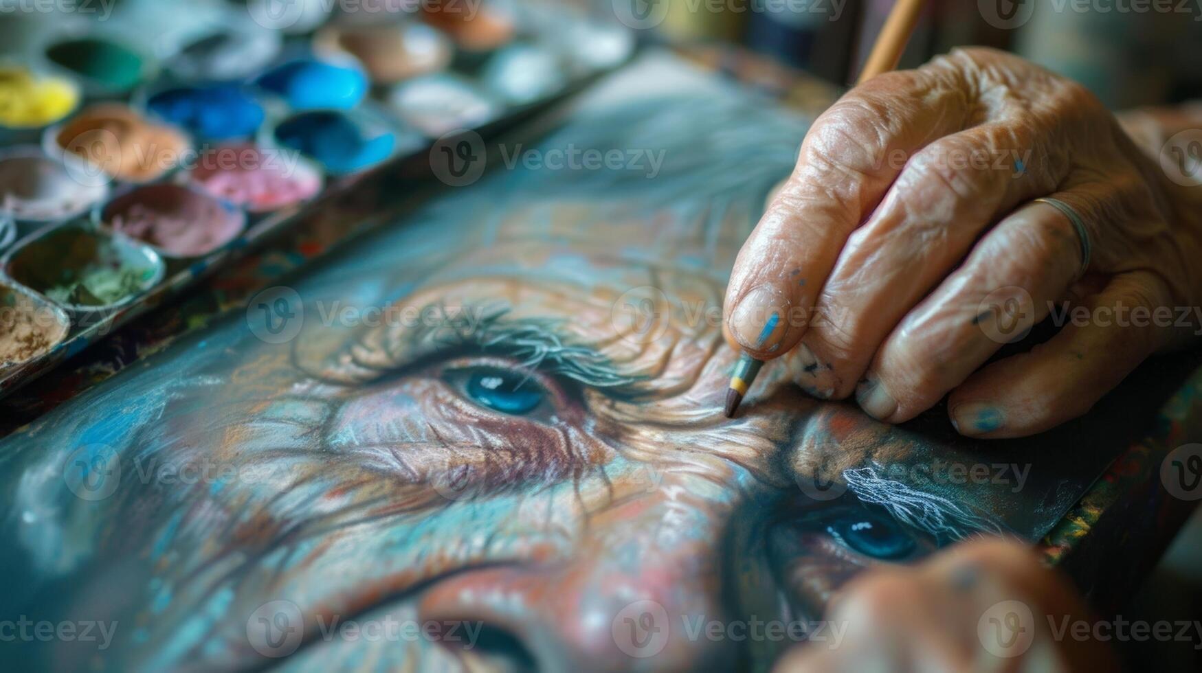 An elderly woman uses pastels to sketch a portrait of her late husband finding comfort and healing through the art therapy process photo