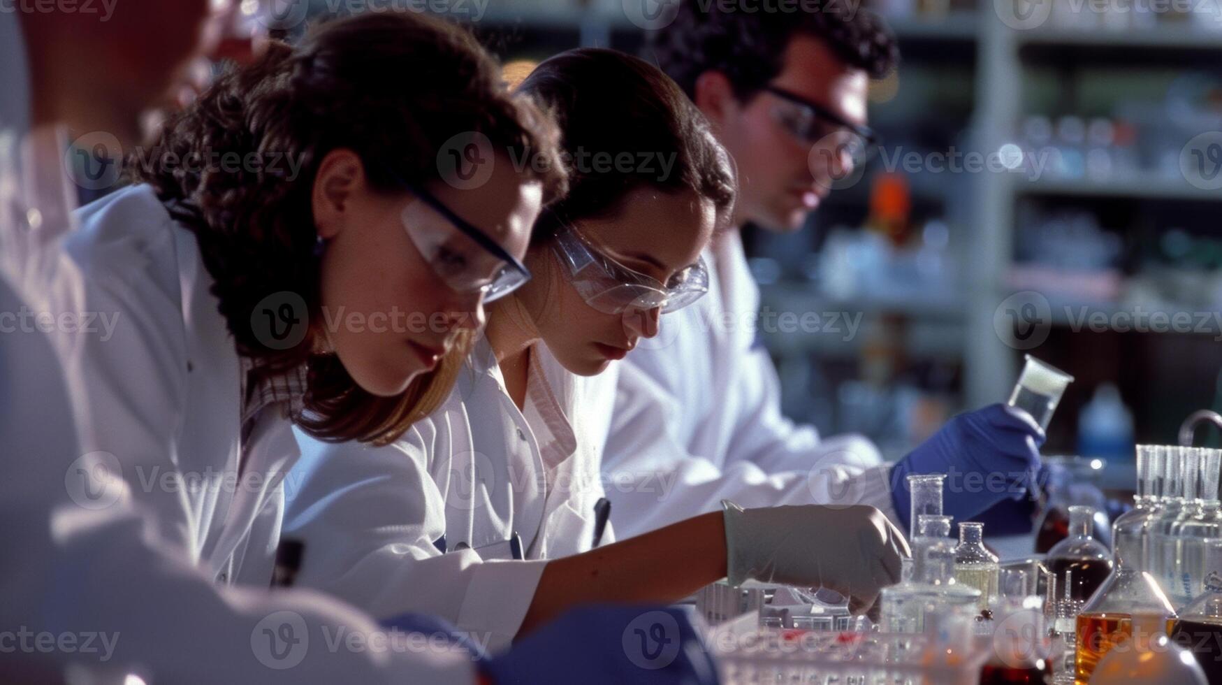 A group of researchers in lab coats studying the effects of genetics on the development of multiple sclerosis photo