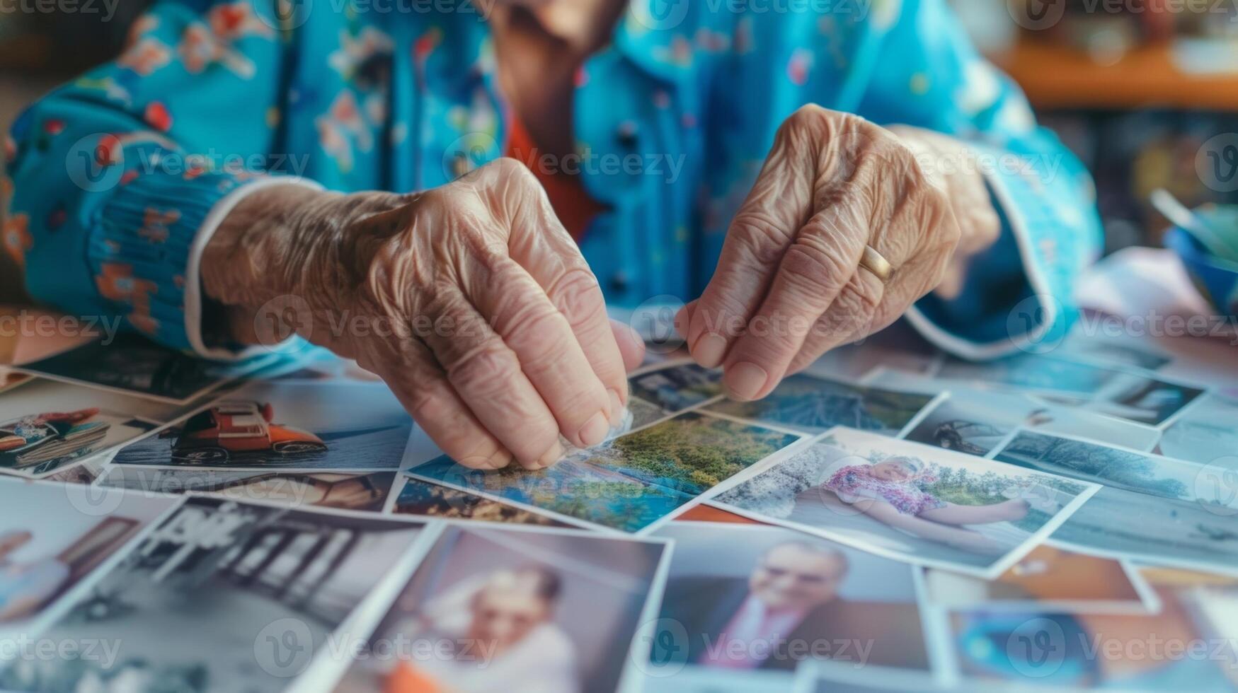 A closeup of an elderly individual adding photos and doodles to their mind map making it more visually appealing and engaging